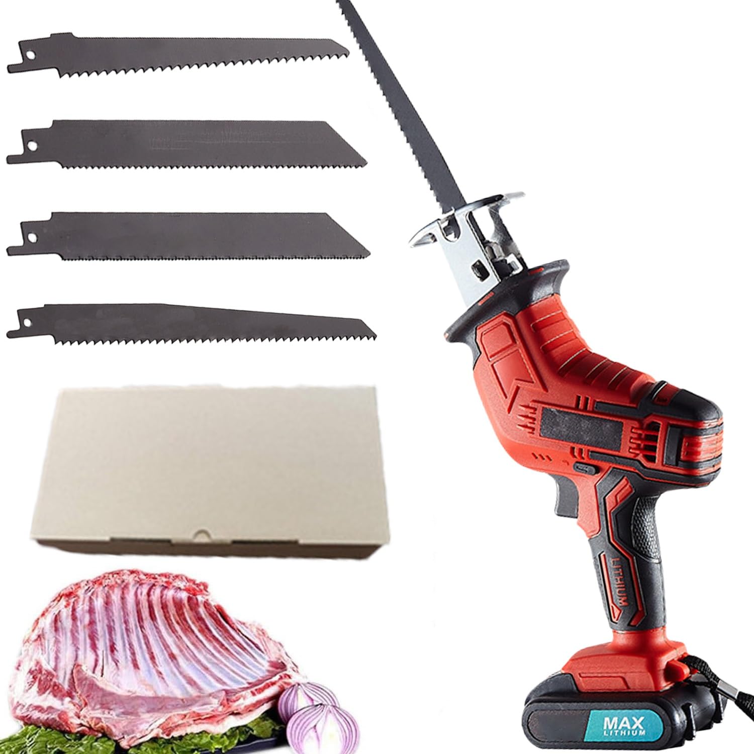 Sierra eléctrica de hueso, máquina de corte inalámbrica de 3000 rpm, 300 W con batería recargable, 4 hojas de sierra y luz LED, adecuada para carne, madera, metal, plástico