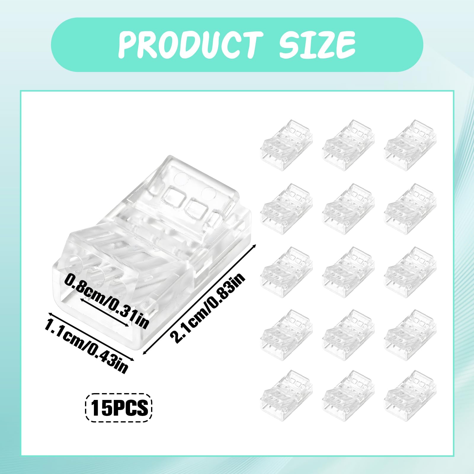 15 sztuk złączek do taśm LED, mini złącze COB LED, 2-pinowe, 8 mm, złącze do taśm LED, szybkozłączki do kabli i taśm bezszwowych, przezroczystych