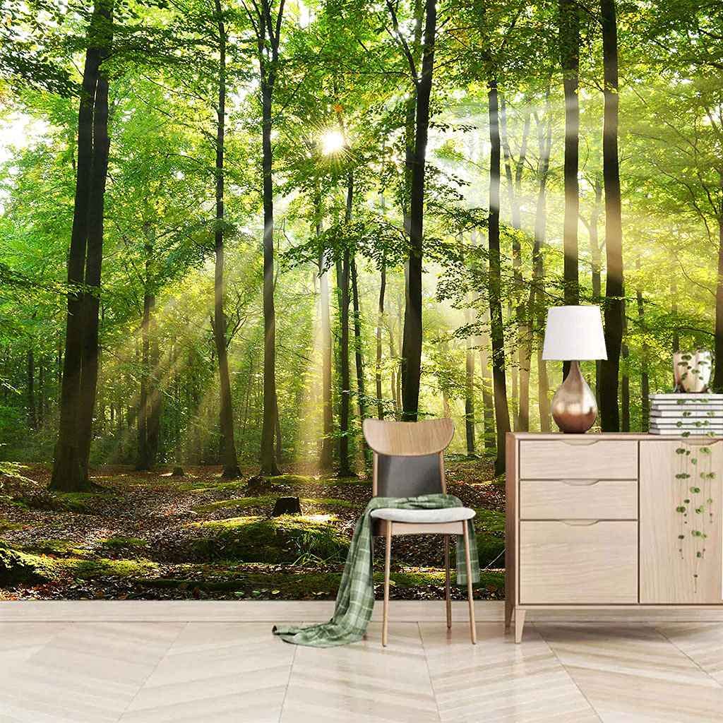 Papier peint panoramique forêt ensoleillée pour illuminer une chambre de fille