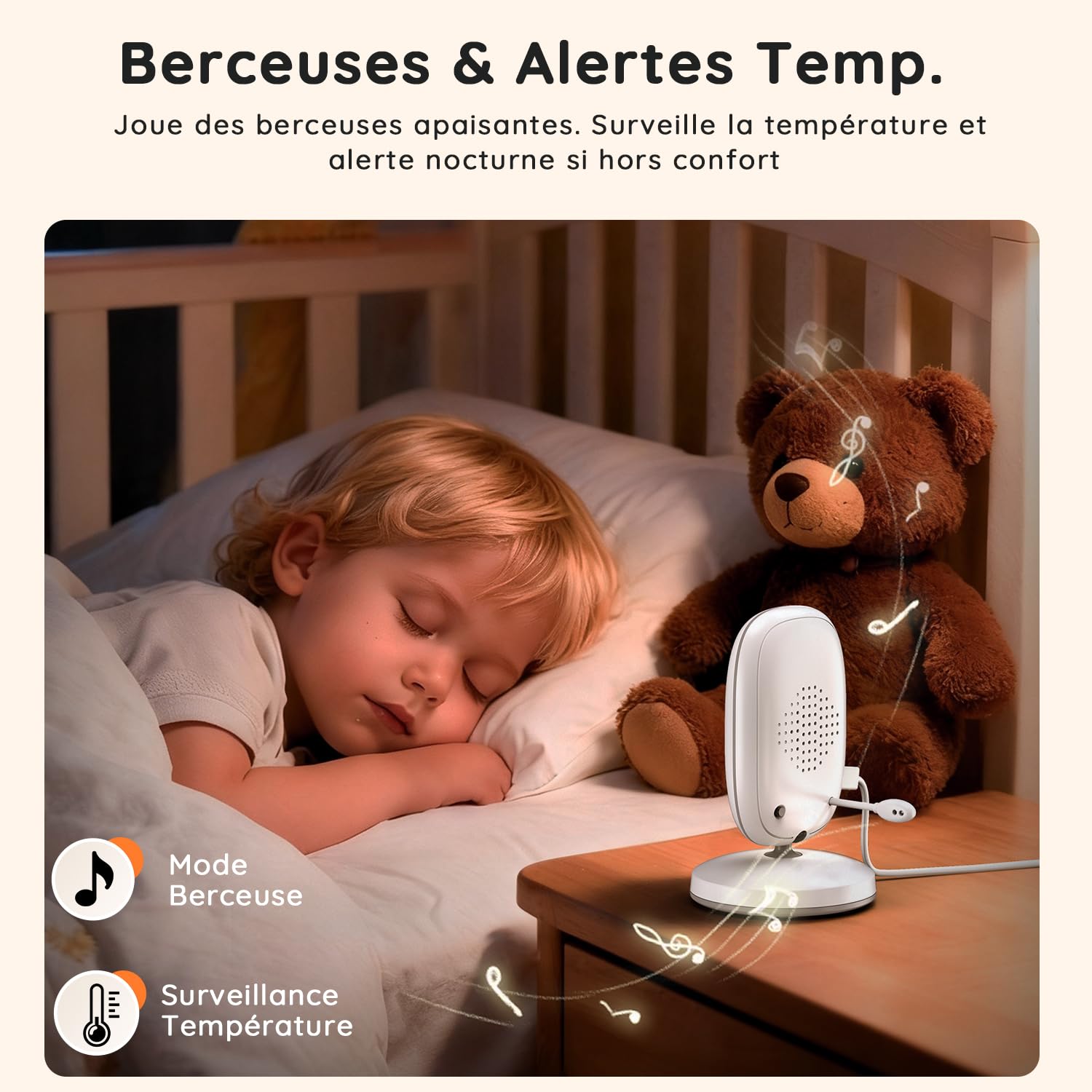 Babyphone Camera Bébé 5'' sans WiFi, Vidéo HD 1080P sans Fil, Vision Nocturne Infrarouge Invisible, VOX, Interphone Bidirectionnel, Détection Son/Température, Zoom 3X, Installation Facile