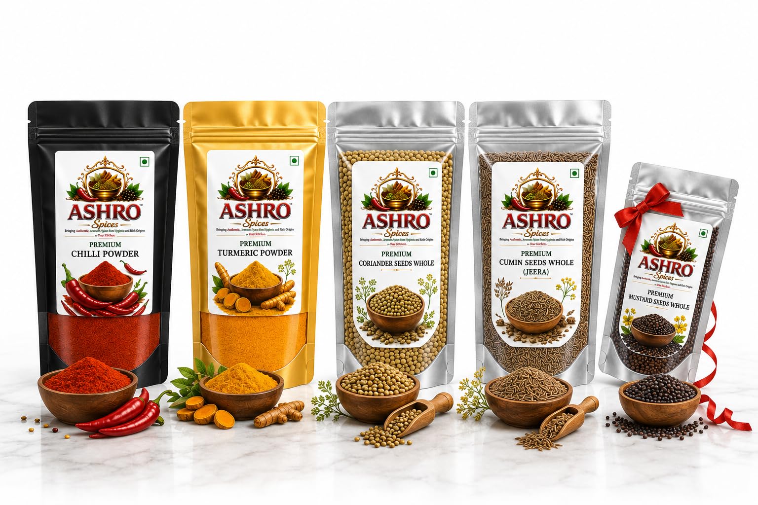 ASHRO Premium Kitchen Essential Combo Pack 450 g | Pack of: Chilli & Turmeric Powders, Whole of: Coriander(Dhania), Cumin(Jeera) | Includes Free 50g Mustard Seeds | Home Ground & Hygienically Packed-image-22