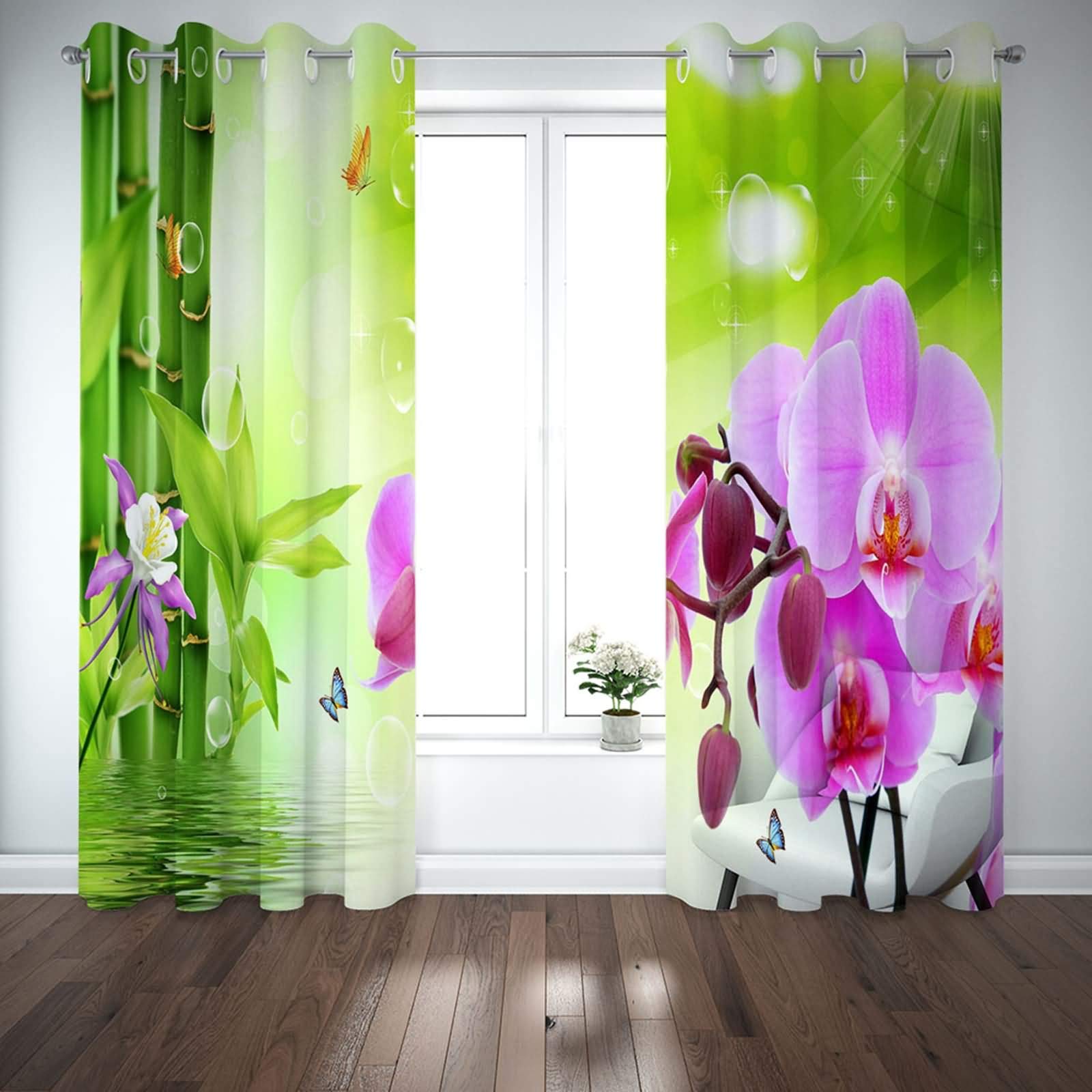 Zasłony nieprzezroczyste z oczkami, zestaw 2 sztuk, orchidea, poliester, zasłona do sypialni, 214 x 214 cm