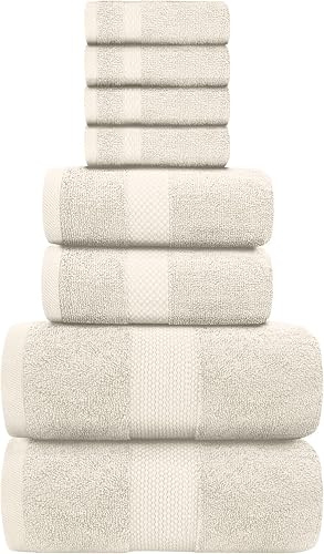 Miniatura 2 de White Classic Juego de 8 toallas de baño de lujo color marfil, algodón peinado absorbente de calidad de hotel, 2 toallas de baño, 2 toallas de mano,