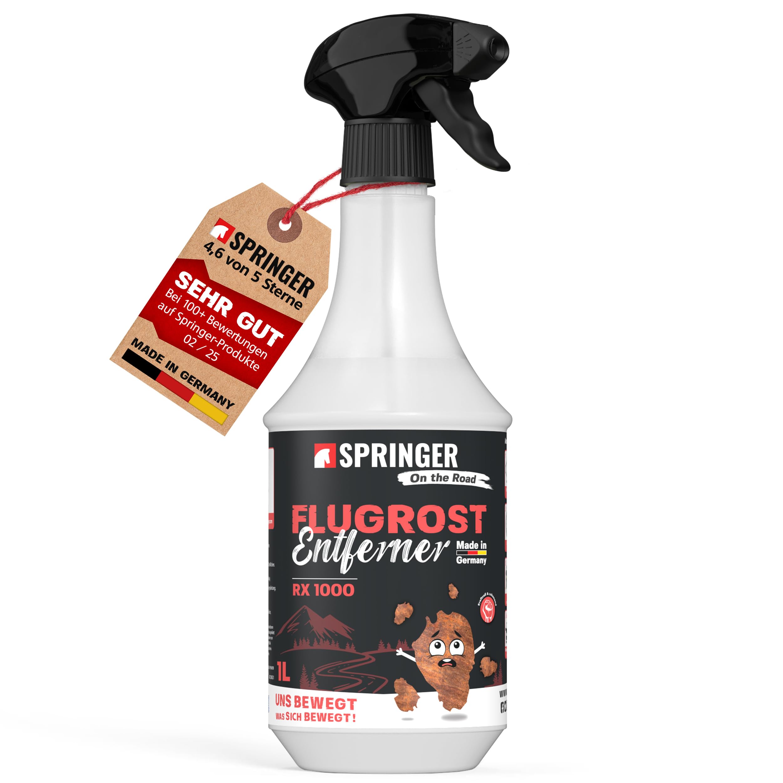 SPRINGER RX1000 - - Flugrostentferner 1L - - Made in Germany - - Schonender & tiefenwirksamer Rost-Reiniger - - Rostentferner für Flugrost, Korrosionsspuren, Industriestaub, etc.