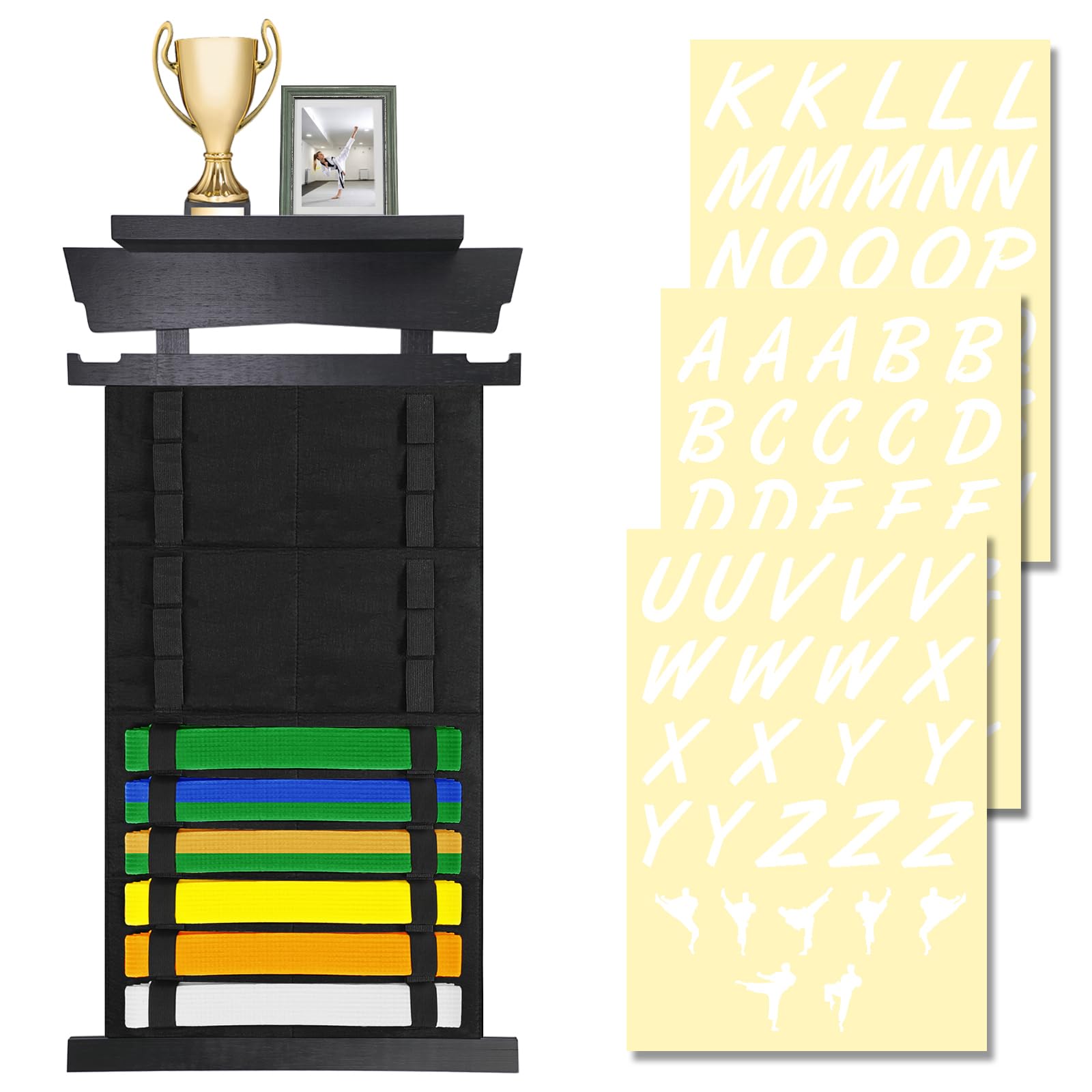 SUMNACON 12 Belts Black Martial Arts Belt Display Rack, Karate Taekwondo Martial Arts Belt Organizer Wall Belt Medal Display Holder with Rack for Martial Arts Karate Taekwondo Learners (No Belts)