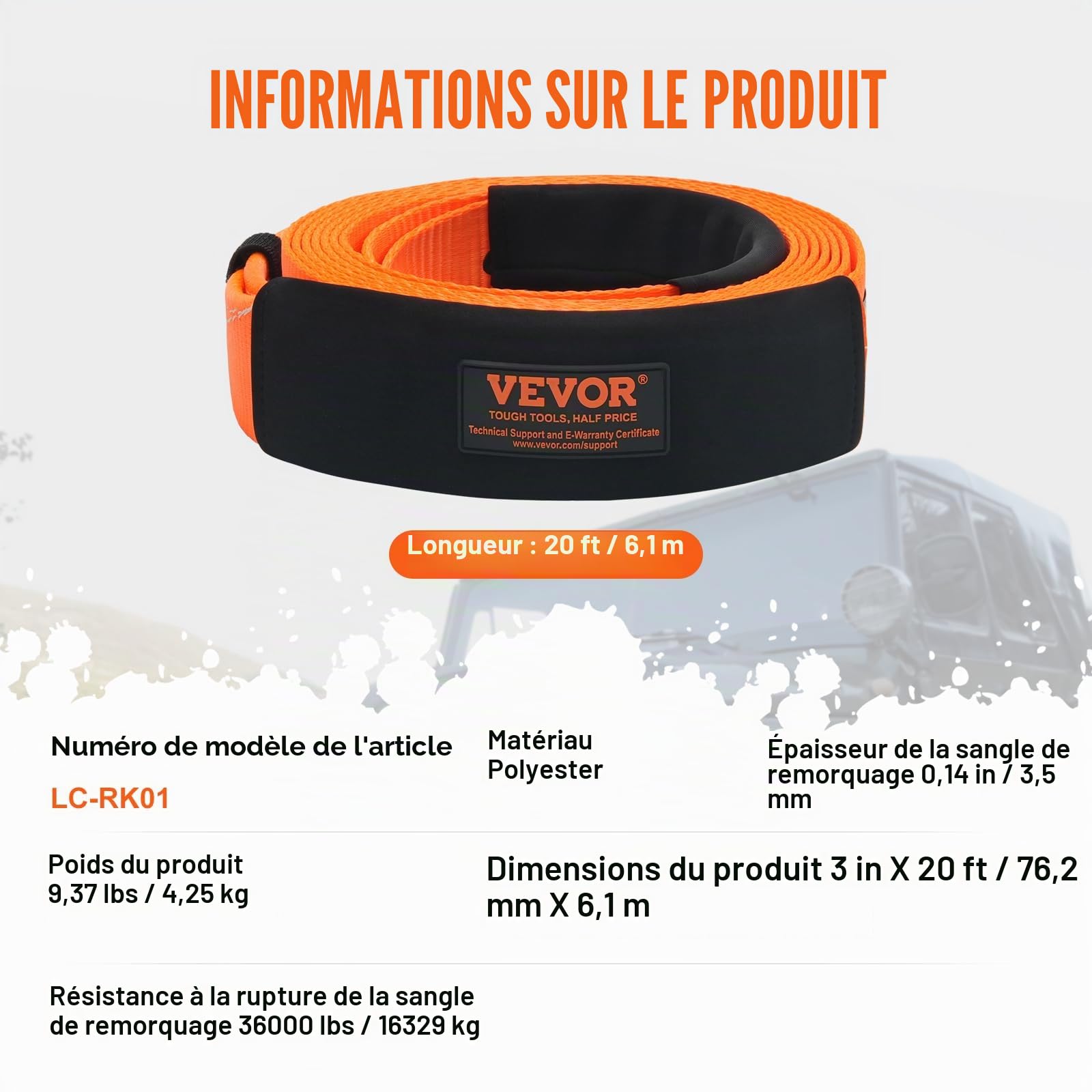 VEVOR Sangle de remorquage robuste, 76,2 mm x 6.1 m, corde de treuil pour sauve-arbre, 16329 kg, boucle triple renforcée, manchons de protection, sac de rangement, manilles à anneau D, camion Jeep SUV