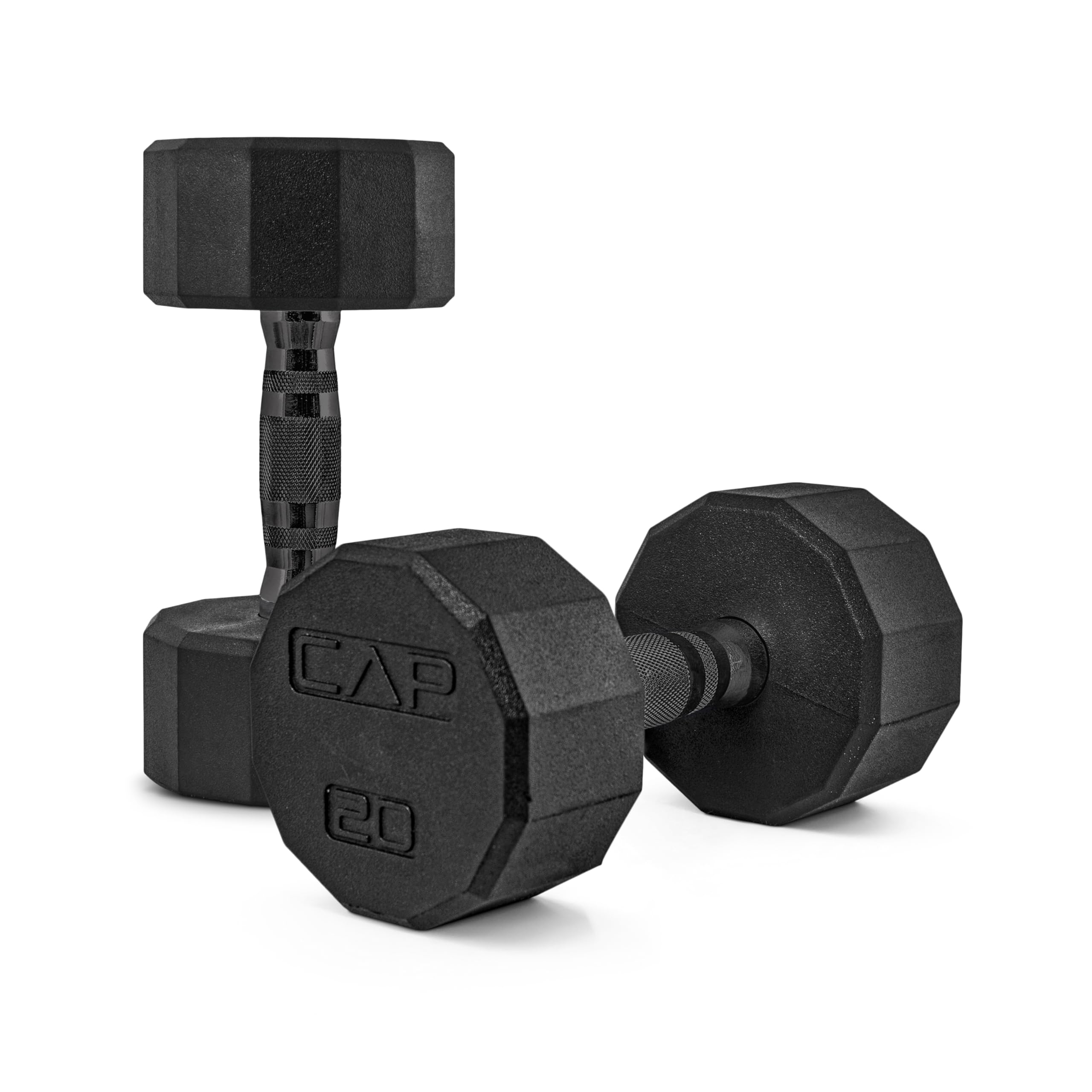 CAP Rubber Coated Dumbbell Weights, Free Weights for Home Gym Strength Training, Anti-Roll Hex Dumbbells with Black, Chrome &amp; Comfort Grip Handles, Pairs &amp; Sets