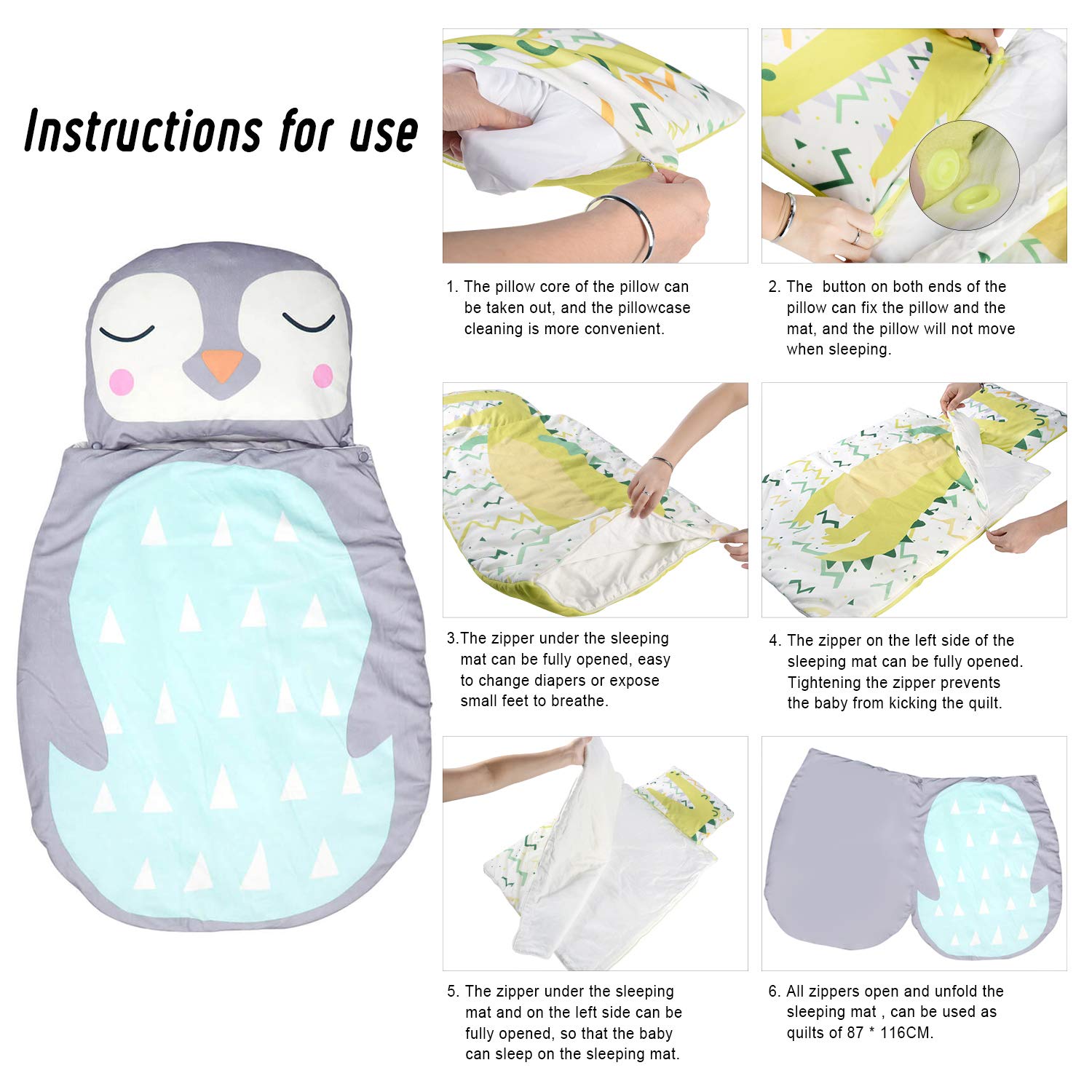 Saco de dormir para bebé, con almohada extraíble, 3 piezas, My First ReadyBed para guardería preescolar, plegable y cómoda (pingüino azul)