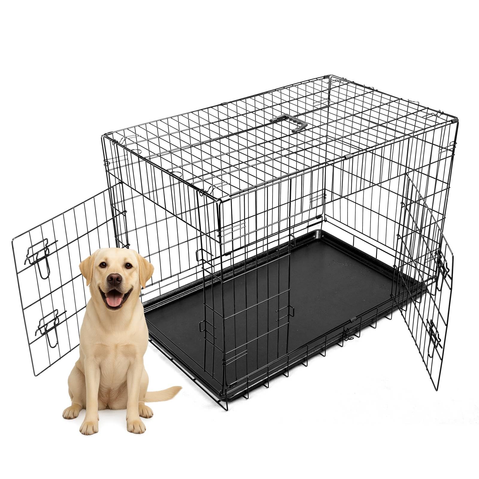 PawHaven Pet Dog Puppy Cat Cage Crate 48" 48 Inch Metal Folding With Two Doors and Tray XXLarge Black