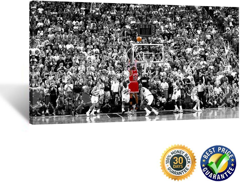 Creative Art- Framed Michael Jordan Last Shot Poster Print on Cnavas Wall Mounted Stretched Canvas Print Basketball Pictures Artwork for Bedroom Ready to Hang 20''x36''