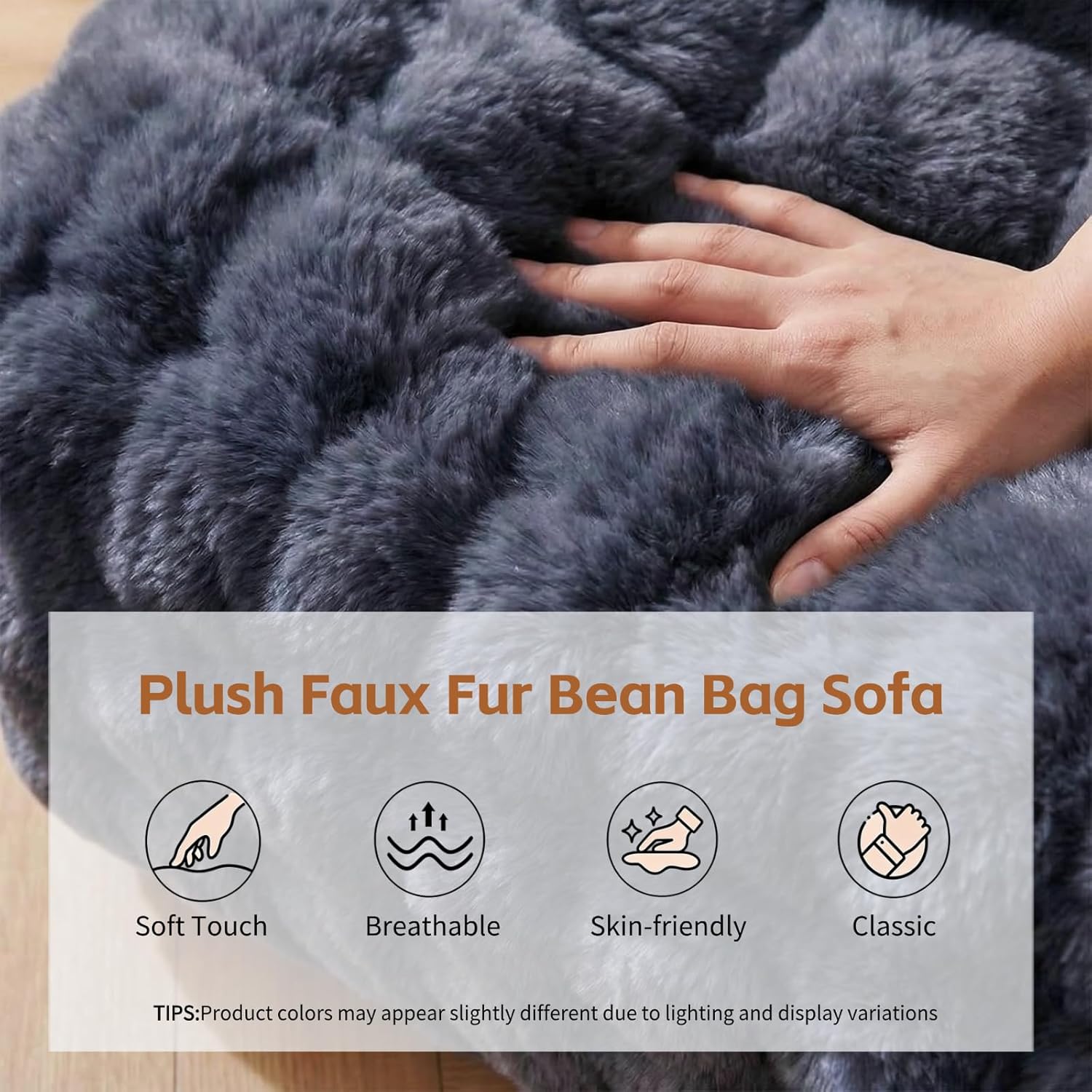 Bean Bag Chair with Memory Foam, Ultra Soft Faux Fur Bean Bag Couch, Living Room Floor Sofa Chair, Cozy Lazy Lounge Reading Chair for Bedroom, Living Room, Office and Home (Dark Grey)