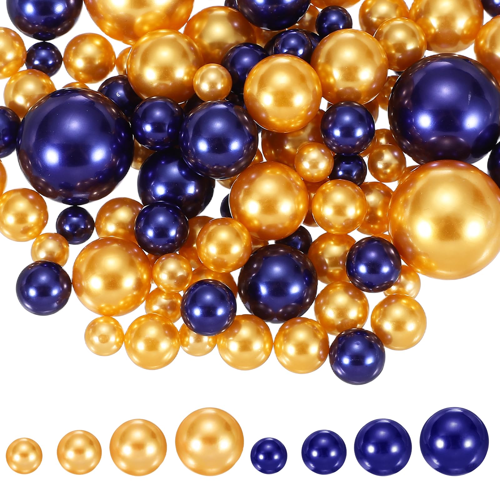 YELARXI 200Pcs No Hole Pearl Beads, 10/14/20/30mm Vase Fillers Faux Pearl for Crafting Filling Home Party Decorations Wedding Centerpieces, Gold/Dark Blue