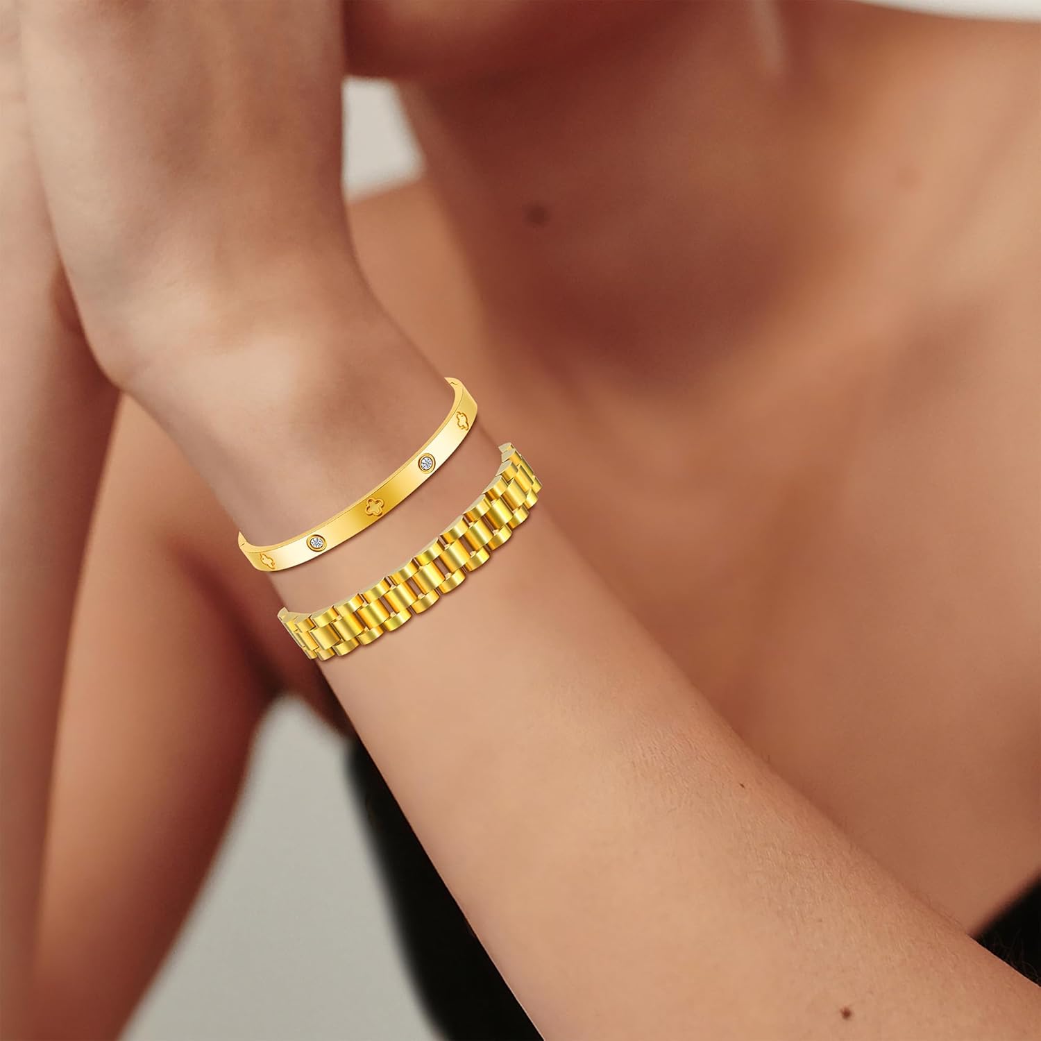 2PCS 18K Gold Chain Link Bracelets for Women - Stackable Love & Friendship Theme Bangle Bracelet Set,Non-Tarnish Stainless Steel Jewelry with Adjustable Tool. - Image 2