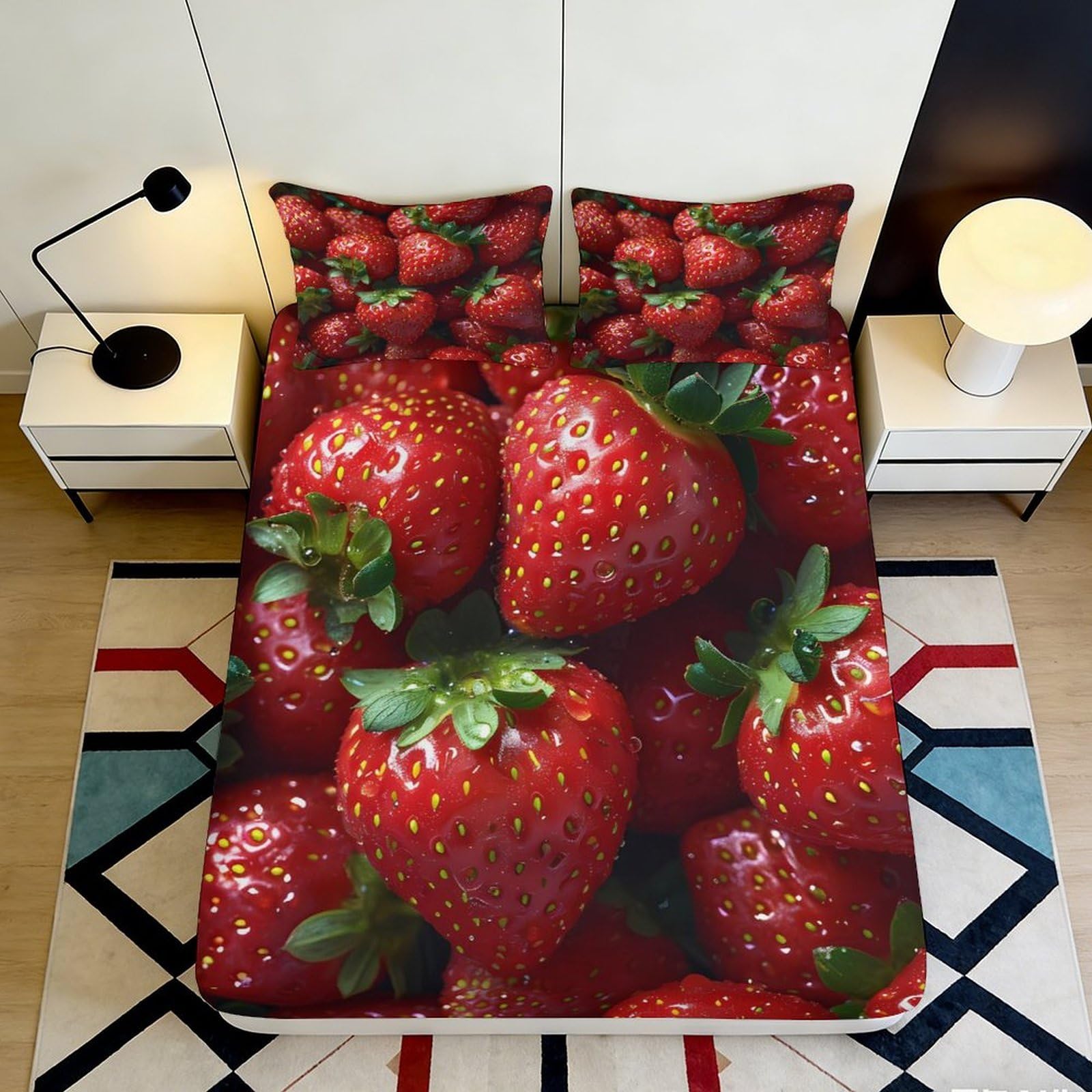3D Printed Strawberry Fruit Fitted Sheet Microfiber Soft Mattress Cover for Bedroom Youth Dorm Bed Decor Protection 160x200x25cm