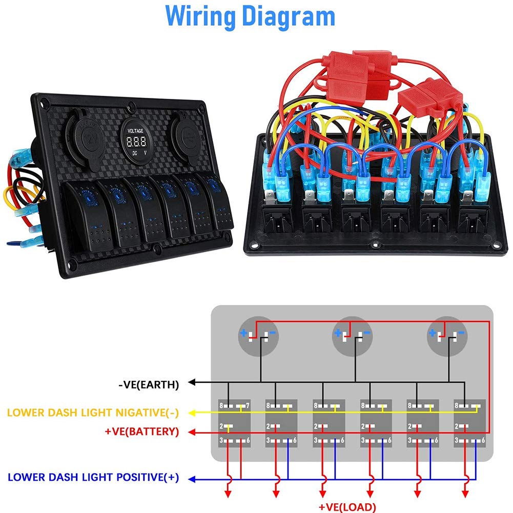 Panel przełączników kołyskowych 6-krotny wodoodporny, wstępnie okablowany z gniazdem zapalniczki 2 wyświetlacz woltomierza USB 12 V 24 V do samochodu ciężarówka łódź RV czarny ABS