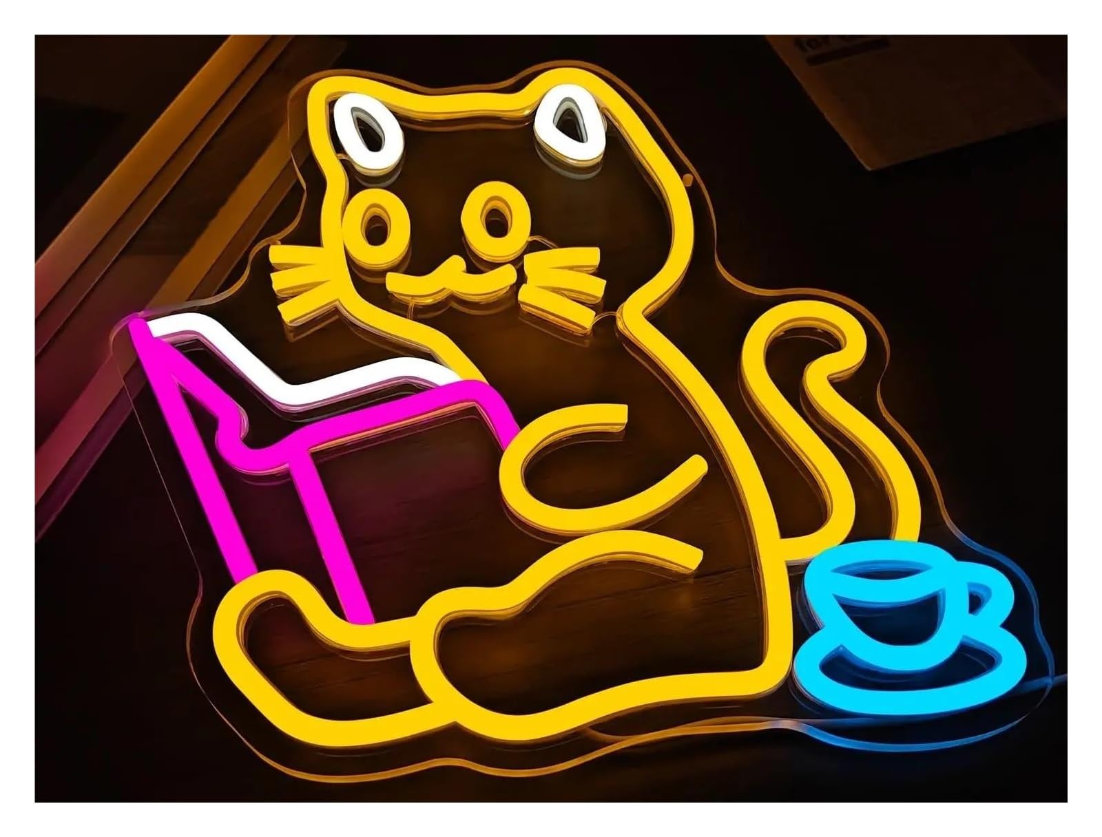 LEMST Signs Lamp Cat Reading Book Neon Sign Powered Neon Light for Bedroom Classroom Bookstore Library 29.5x34.7cm