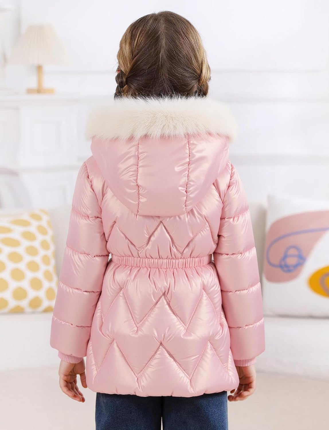 SEAUR Girl's Fleece Jackets Hooded Faux Fur Trim Winter Shiny Coat Long Sleeve Padded Outwear Snow Puffer Jackets 3-9T - Image 2