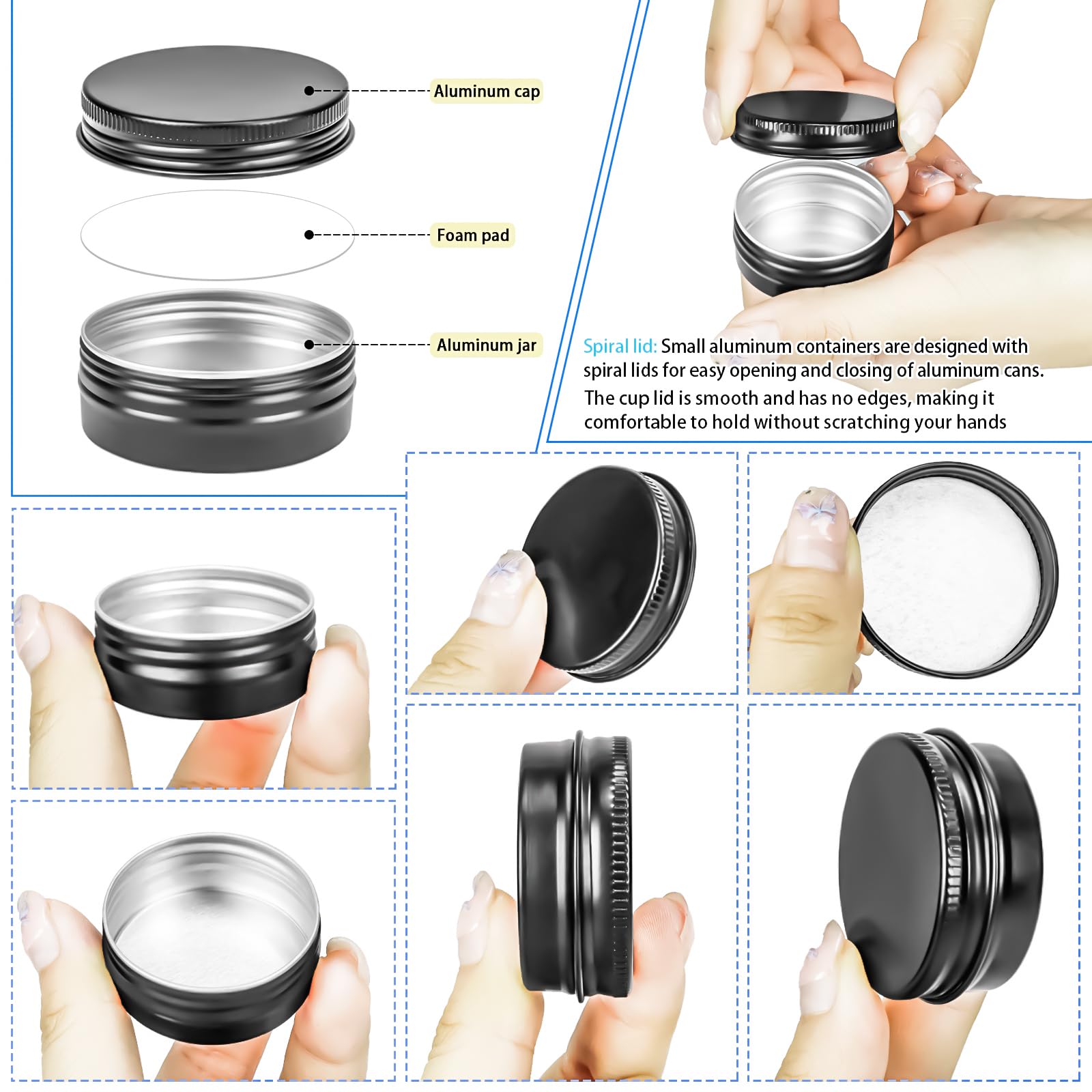 Paquete de 24 tarros de aluminio recargables de 0.5 onzas, recipientes redondos de aluminio con tapas para loción de bálsamo labial, velas de crema, bálsamo labial, 15 ml, color negro