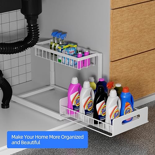 Miniatura 5 de Organizador deslizante de 2 niveles para debajo del fregadero, paquete de 2 estantes de almacenamiento extraíbles con cajón deslizante de