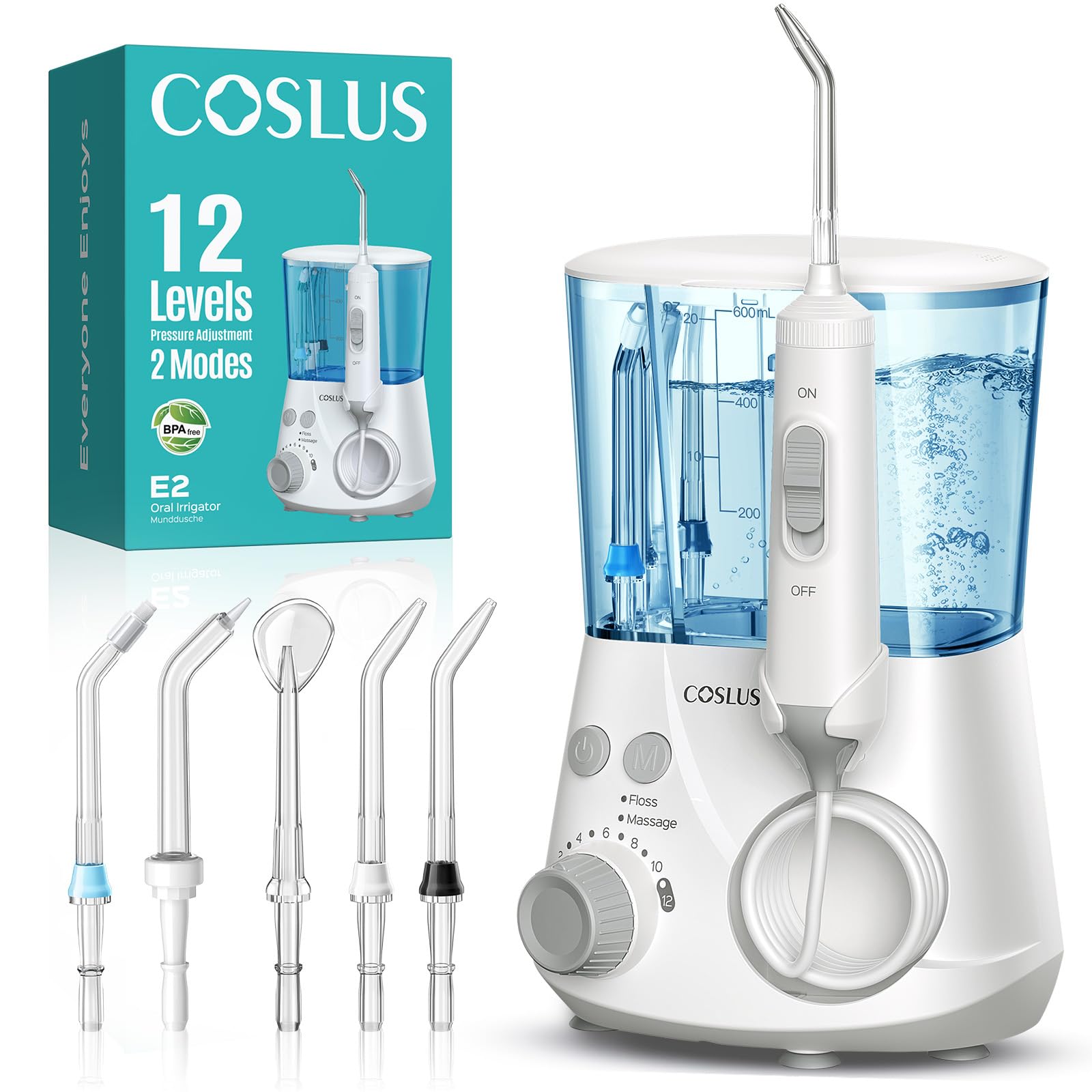 COSLUS Irrigador Dental Sobremesa Profesional: 2 Modos y 12 Presión Ajustable - 600ml Irrigador Bucal para Adultos Usuarios de Ortodoncia/EncÃas Sensibles -Uso Hogar Baño con 5 Boquillas - Blanco Global Recycled Standard Global Recycled Standard Global Recycled Standard