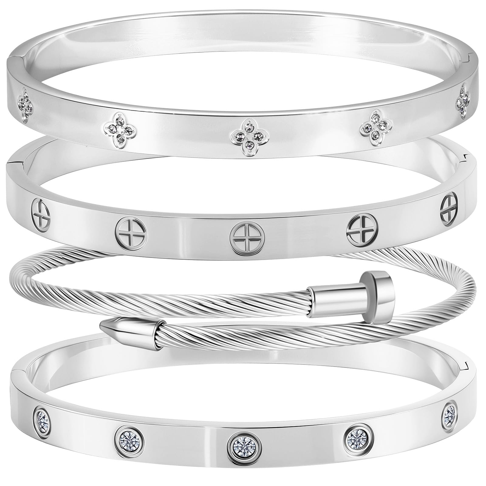CamhannoStainless Steel Bangle Bracelet Set for Women - Silver/Gold Love Bangle Non Tarnish Jewelry with Sparkling Crystal Inlay for Love Gifts