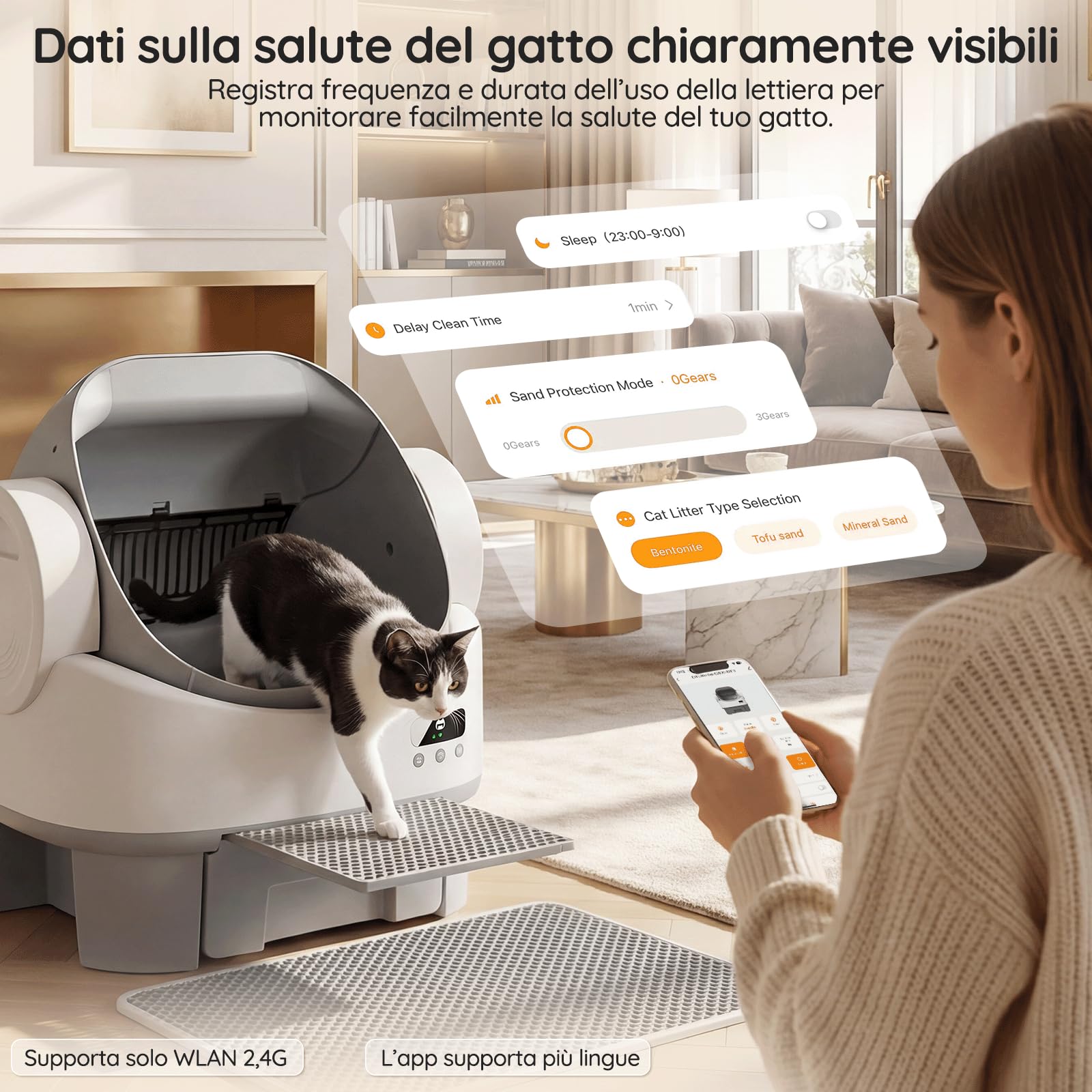 Lettiera Gatto Autopulente con APP, Lettiera autopulente per gatti di base | Sistema di Autoinversione, Sensori Multipli, Cassetto Feci 12L per 10 Giorni, per Gatti da 1.5 a 10kg, con Pedana e Tappetino