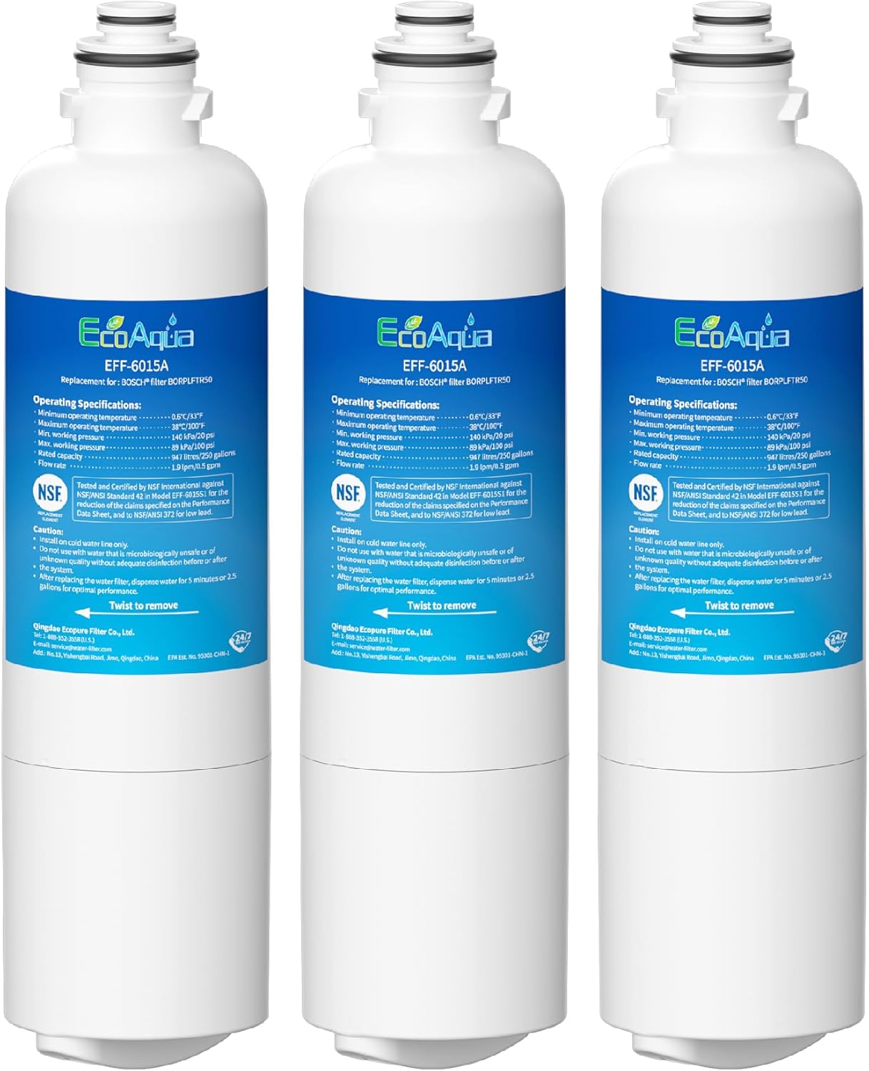 EcoAqua 11032531 Replacement for Bosch® Ultra Clarity® Pro BORPLFTR50, 12033030, 11025825, BORPLFTR55, B36CD50SNS, B36CT80SNS, B36CL80ENS, B36FD50SNS, WFC100MF, Refrigerator Water Filter, 3 Filters