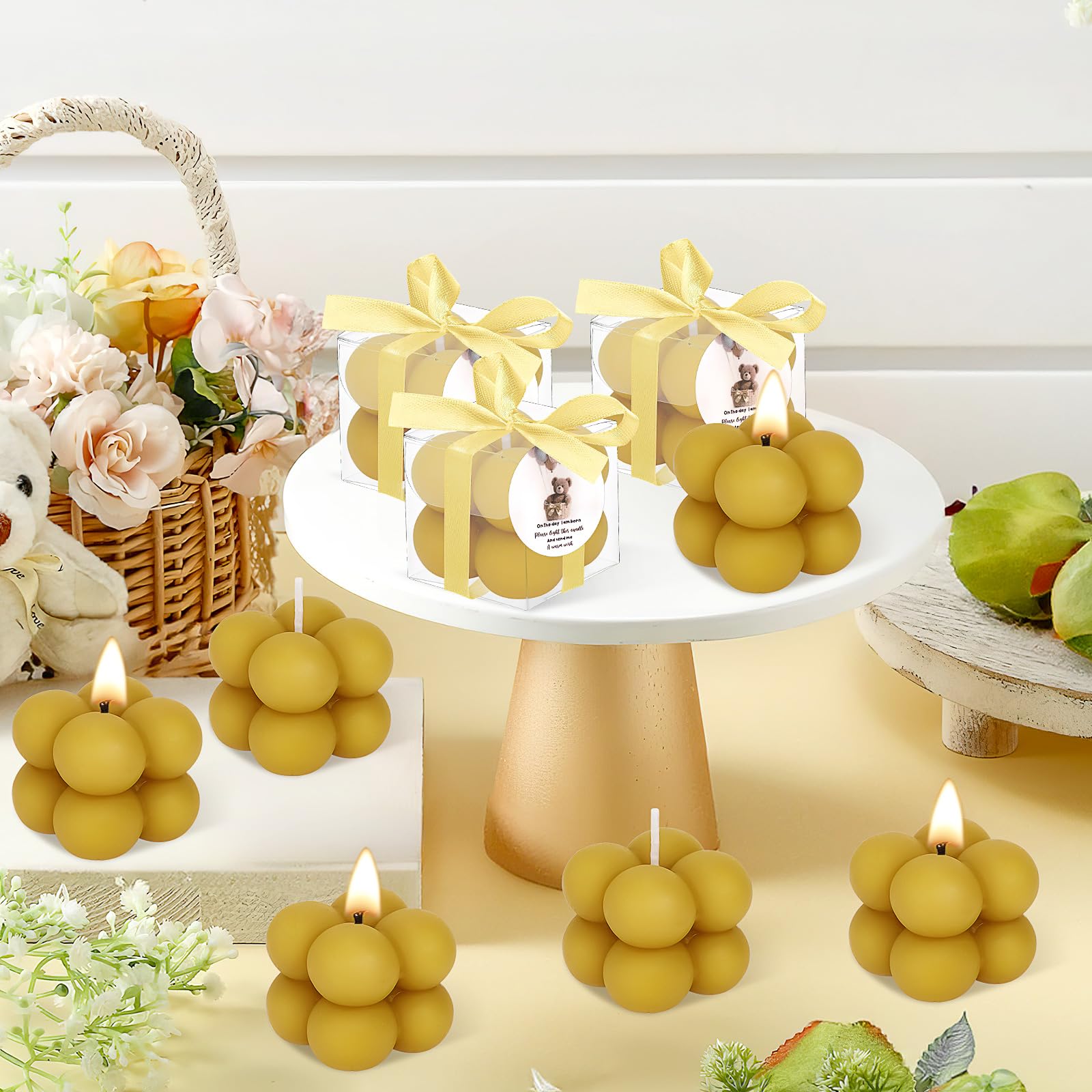 30 juegos de velas de oso para baby shower, velas pequeñas de burbujas, recuerdos de baby shower para invitados, velas de té a granel con elegantes cintas, tarjetas, regalos, decoración de fiesta