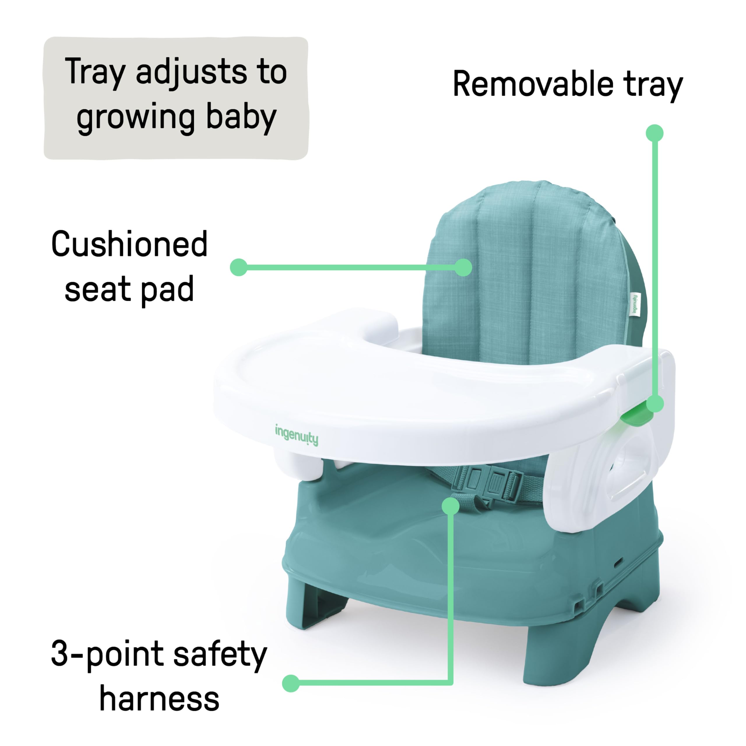 Ingenuity, Deluxe Comfort Seggiolino da Tavolo per Bambini Pieghevole, Altezza Regolabile, Imbottito, Leggero, Teal, 6M-3Y