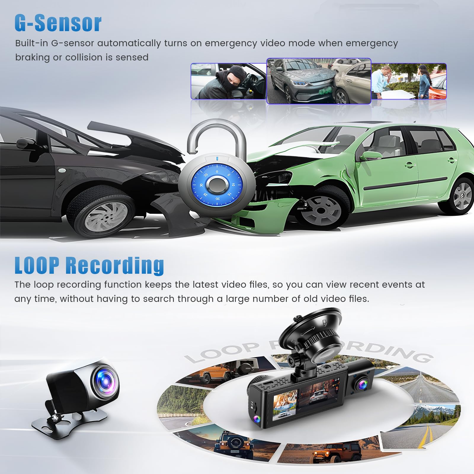 Roinvou Dashcam 3 Canales 2.5K+2.5K+1080P con Cámaras Delantera, Interior y Trasera, Pantalla 3.16", GPS, Sensor de Impacto G-Sensor, Grabación en Bucle, Control por App (Viidure), 64GB TF