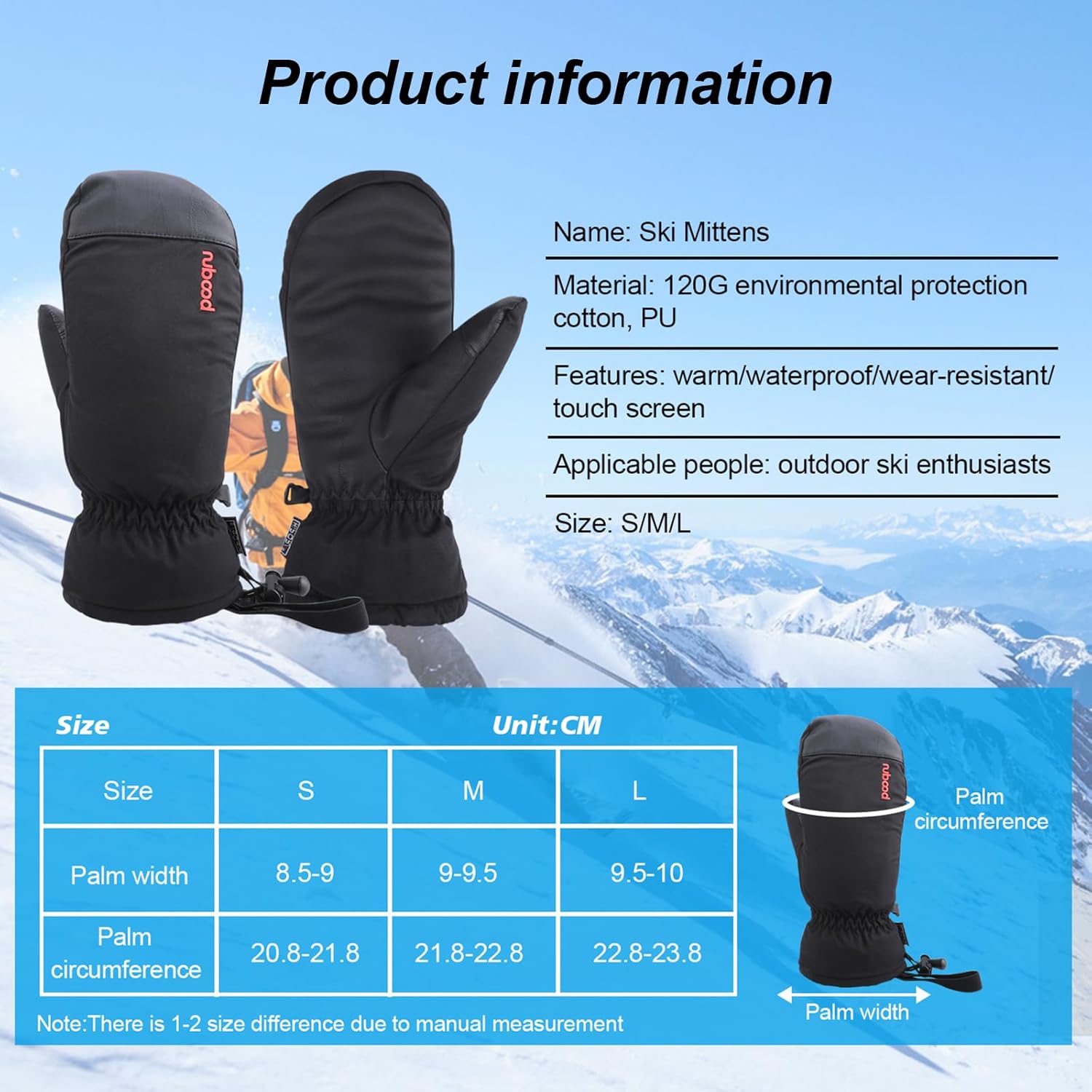 Ski Mittens, Winter Snowboard Mittens Gloves Waterproof Snow Gloves for Outdoor Activitives Men Women - Image 2