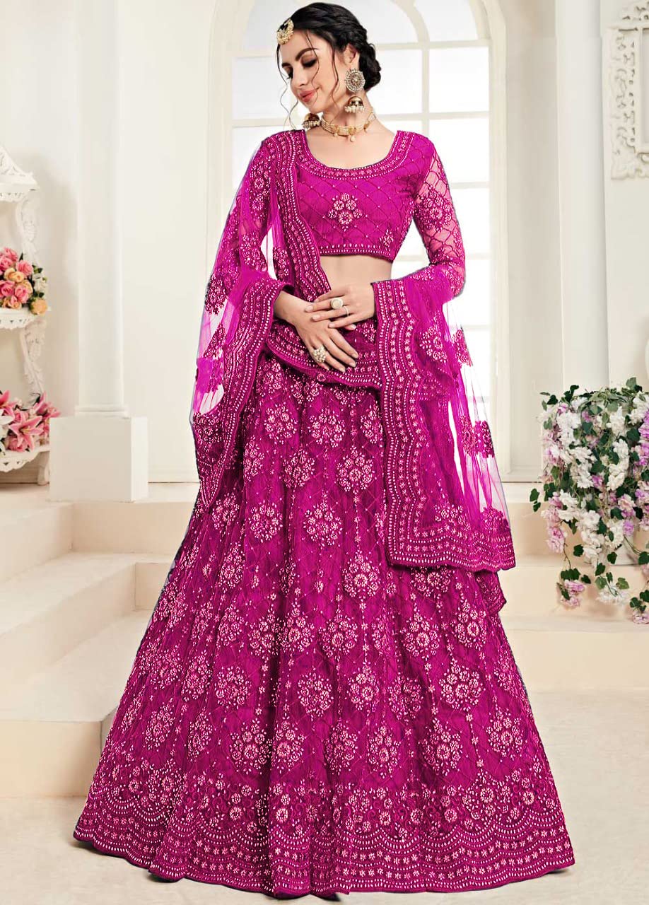 ZAALIMA FASHION Women’s Semi Stitched Net Lehenga Choli with Embroidered Pattern Unstitched Blouse Piece and Dupatta Set | Women’s Lehenga Cholis