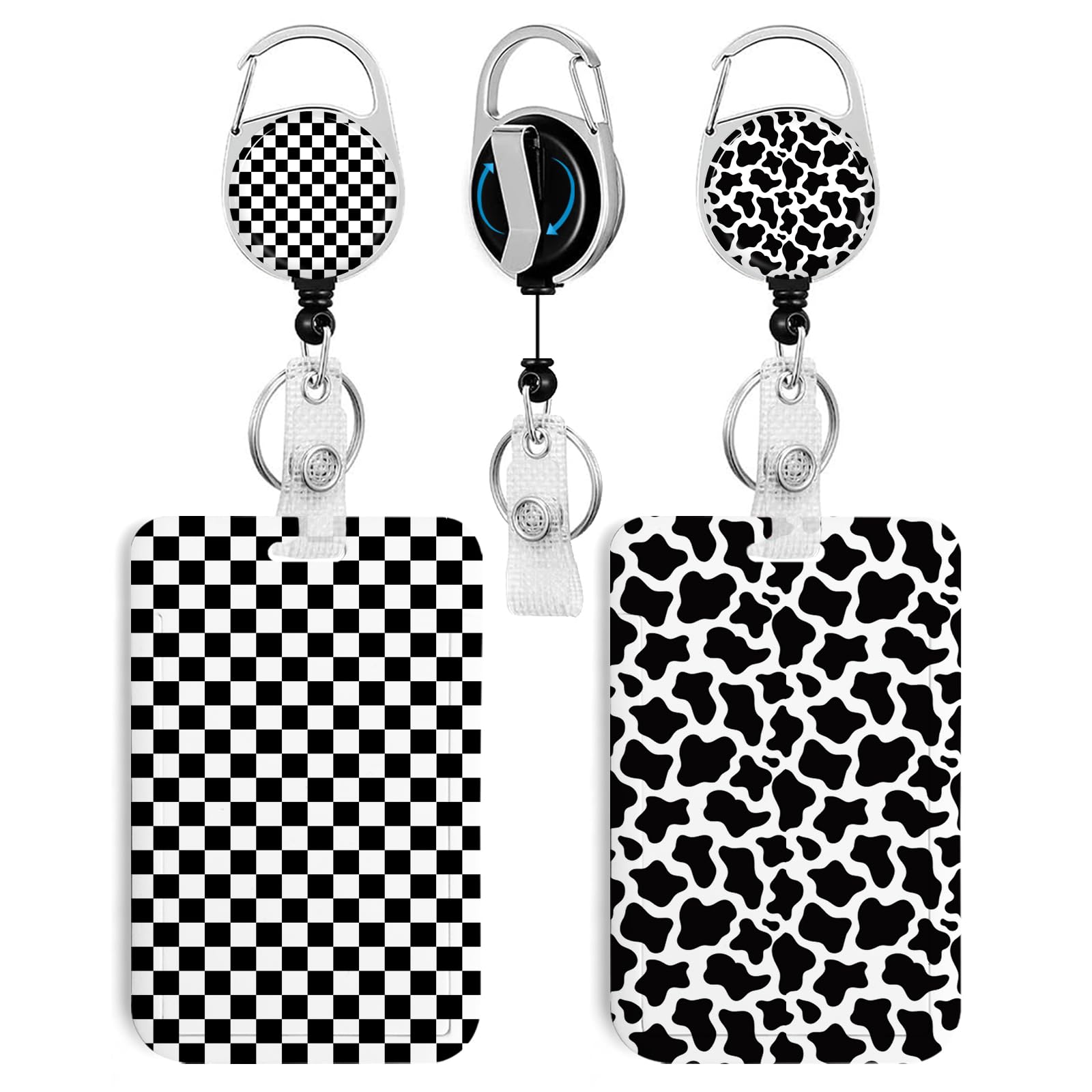2 Pack Black and White Checkered&Cow ID Badge Holder with Clip Badge Reels Retractable Heavy Duty,Keychain，ID Holder for School Nurse Office