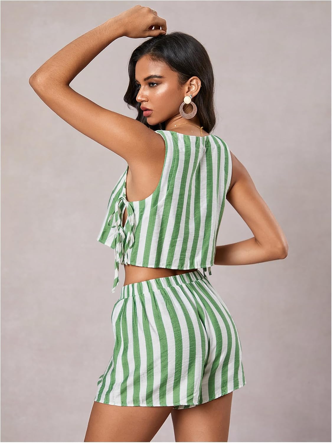 MakeMeChic Women's Summer Two Piece Outfit Striped Bow Square Neck Sleeveless Crop Tops and Shorts Set