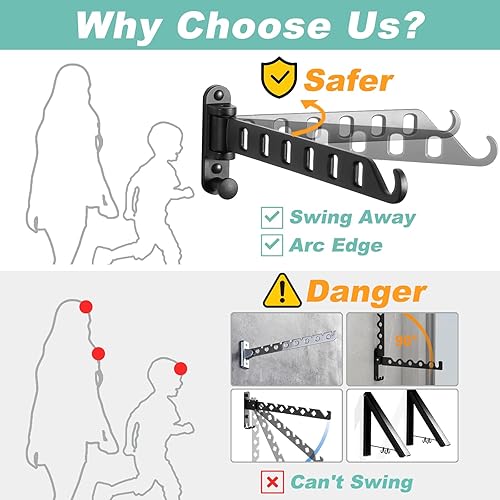 Miniatura 8 de SKIKEN Percha para ropa de montaje en pared, brazo oscilante, brazo fuerte de 8 agujeros, estante para secadora de lavandería, colgador de abrigo