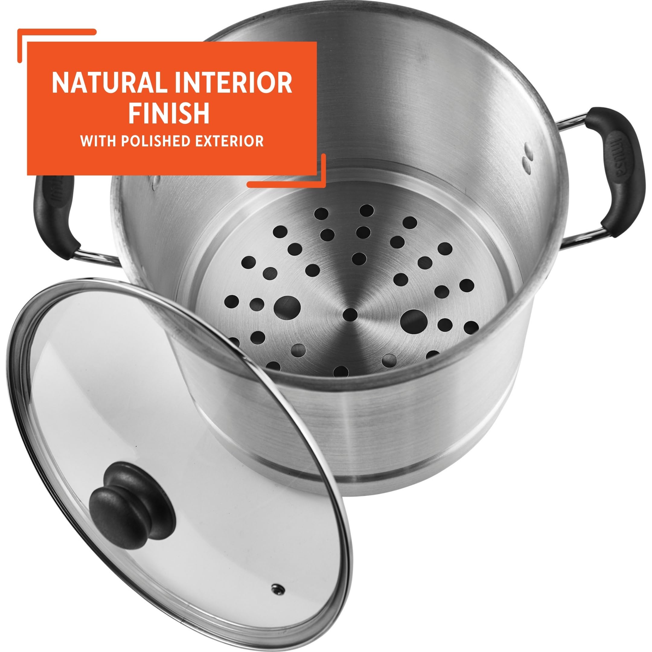 Imusa 10 Quart Aluminio Cool Touch Accesorio para cocinar al Vapor con Tapa de Cristal, Color Plateado