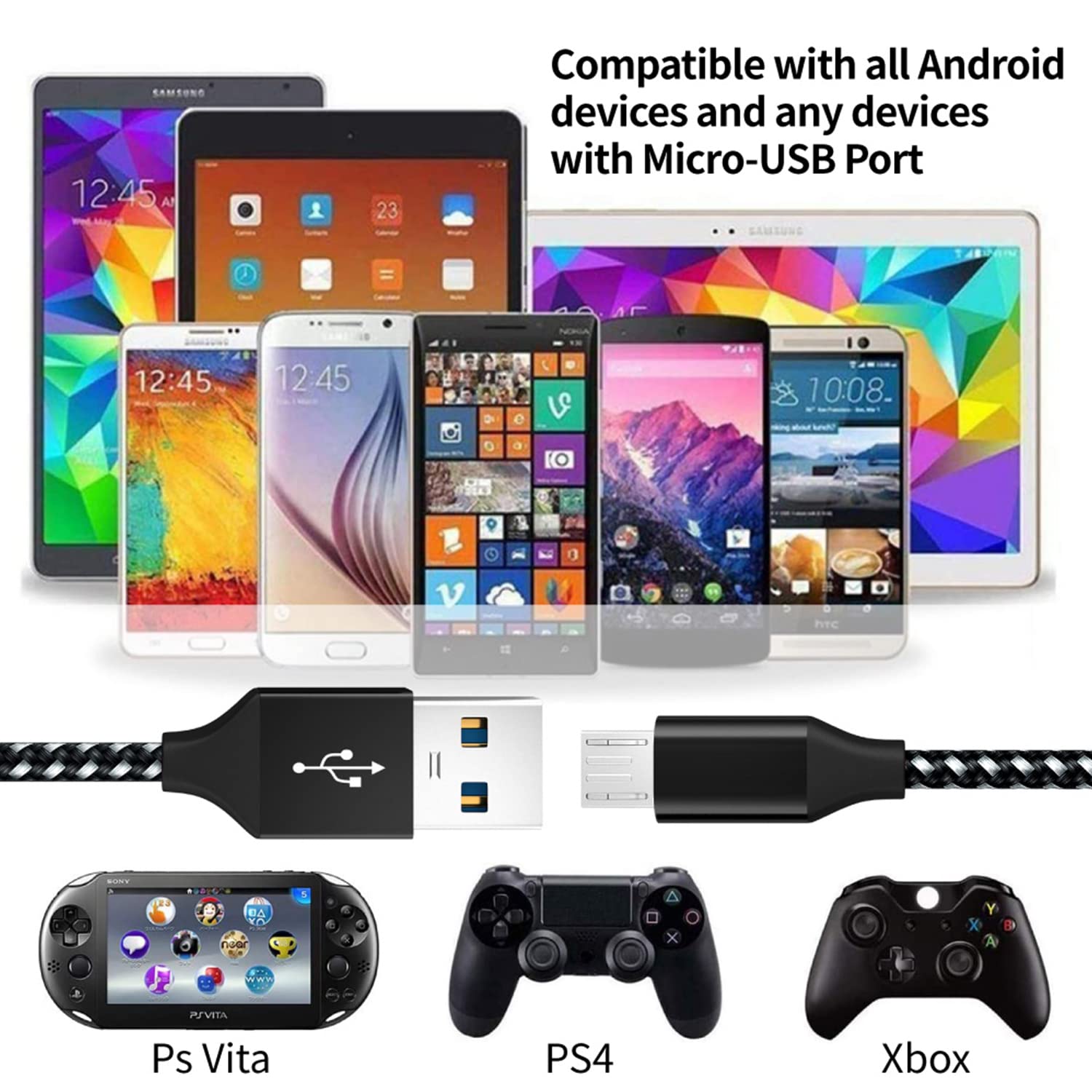 Kabel ładowarki Micro USB 3M, 3-sztuka USB 2.0 A-męski do kabla mikro, Kabel ładowarki Micro USB Android Szybkie ładowanie 480 Mbps Prędkość transmisji danych