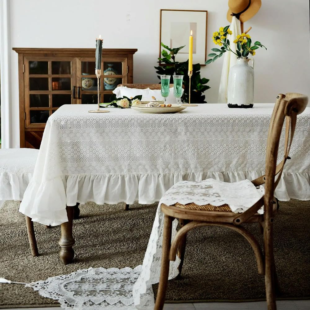 Mantel de algodón blanco con ribete de encaje, mantel de tela rústica para el hogar, fiestas, decoración de Navidad, elegante decoración de mesa de comedor