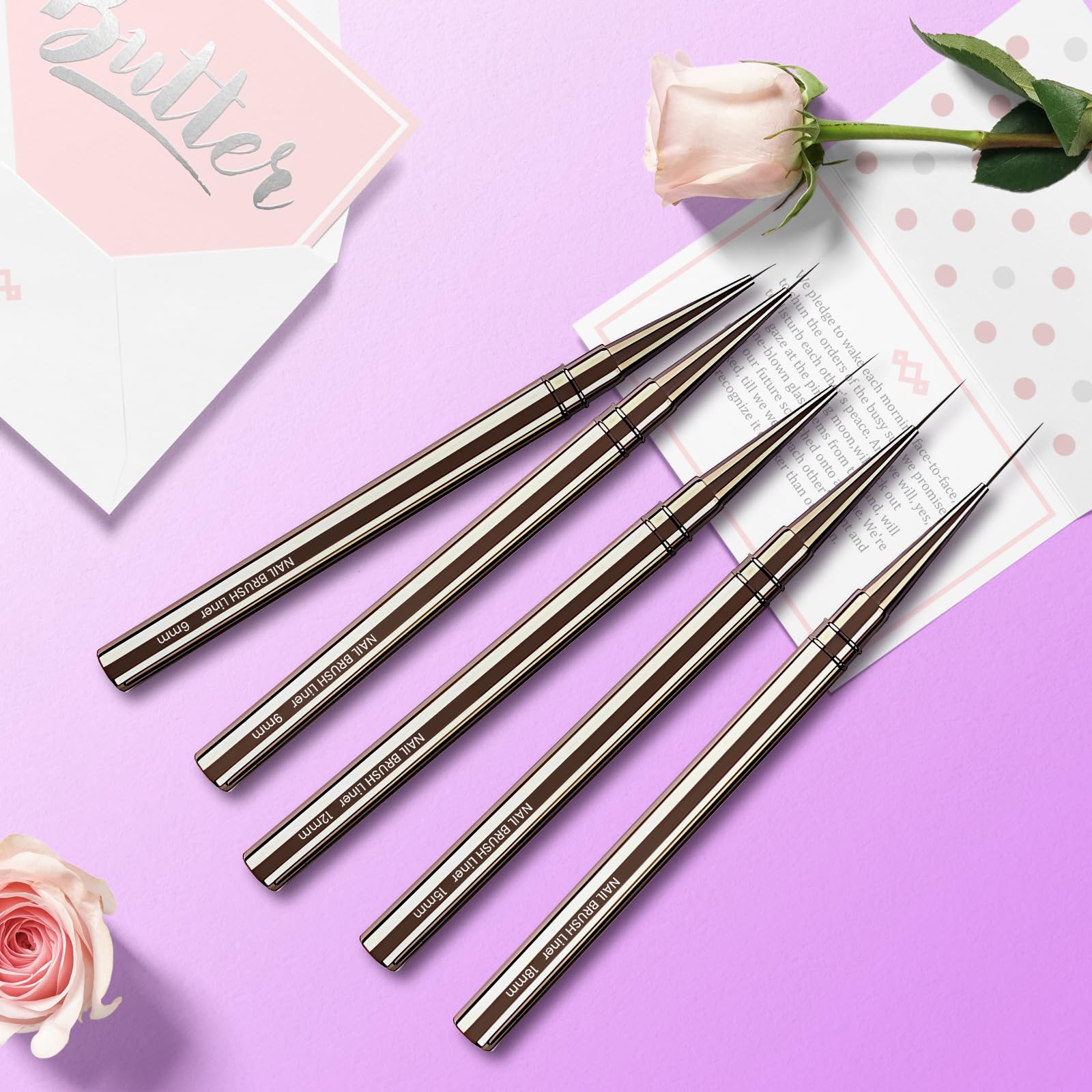 Lokaloka 6/9/12/15/18mm Pennelli Unghie Gel Sottile Nail Art Professionali con Tappo, 5 Pezzi Pennello French Penna Pennellino Set per Ricostruzione Acrigel Semipermanente