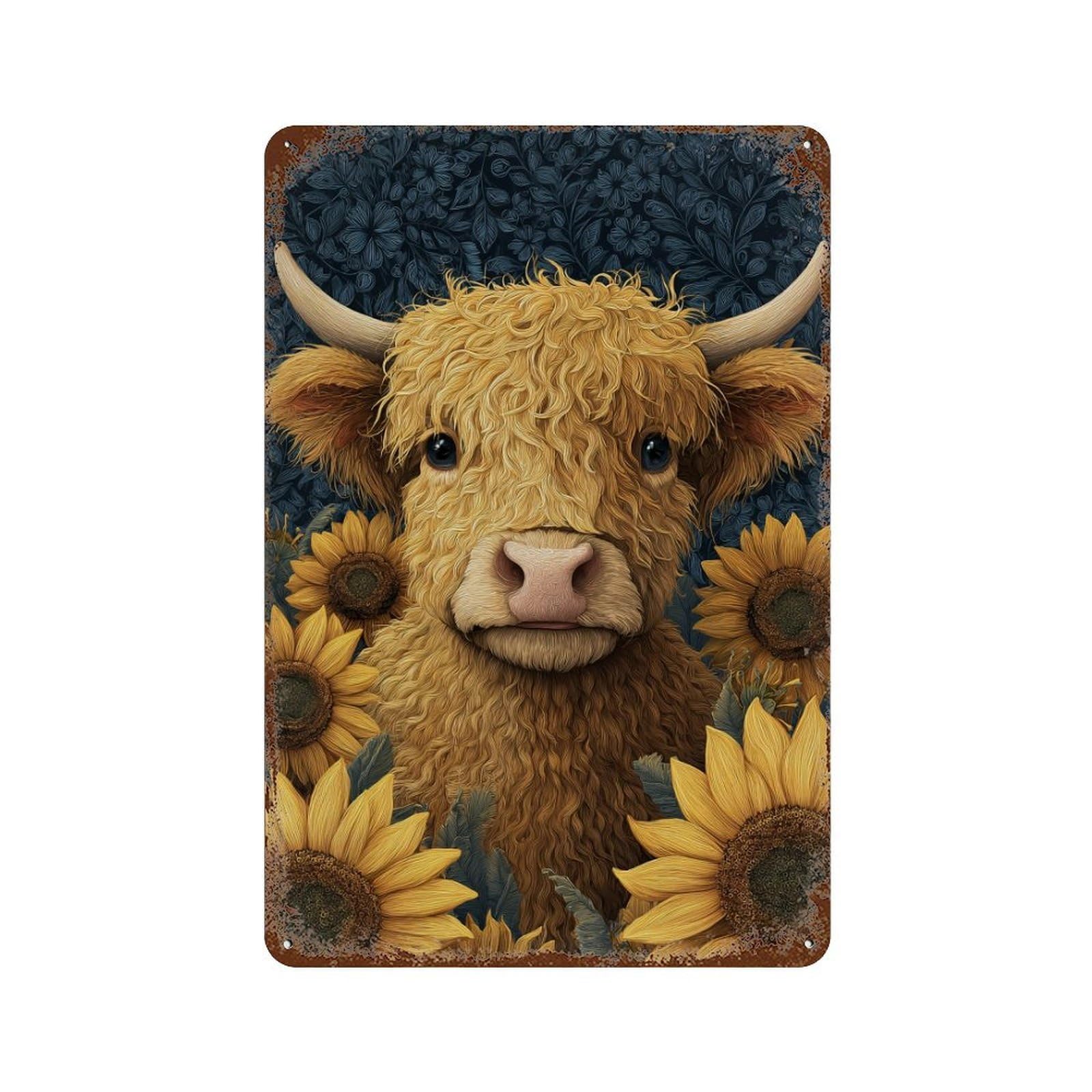 Decorative Tin Sign with Highland Cow with Sunflowers Design 11.8"x7.9", for Farmhouse, Kitchen And Entryway Decor, Decorative Metal Wall Art