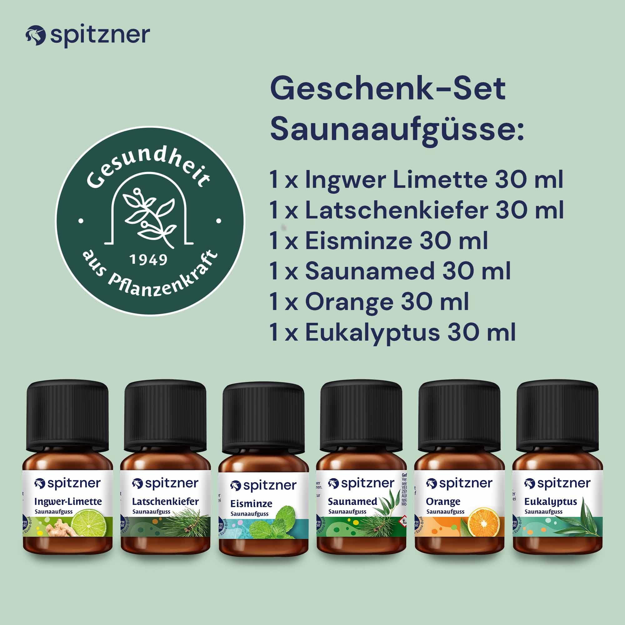 Spitzner Saunaaufguss-Set „Sinnesreise“ | 6 Düfte à 30 ml: Eisminze, Ingwer-Limette, Orange, Eukalyptus, Latschenkiefer & Saunamed | Perfektes Geschenk für Sauna-Liebhaber