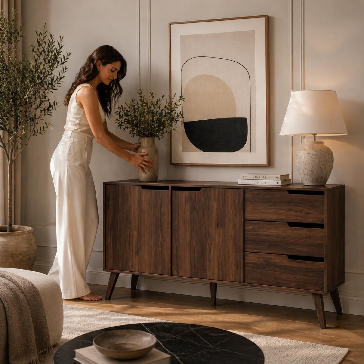 Credenza Con 2 Ante E 3 Cassetti Mobile Madia Contenitore In Melaminico Design Scandinavo Moderno Per Soggiorno Salotto E Zona Living 160 X 40 X 80 Cm Noce