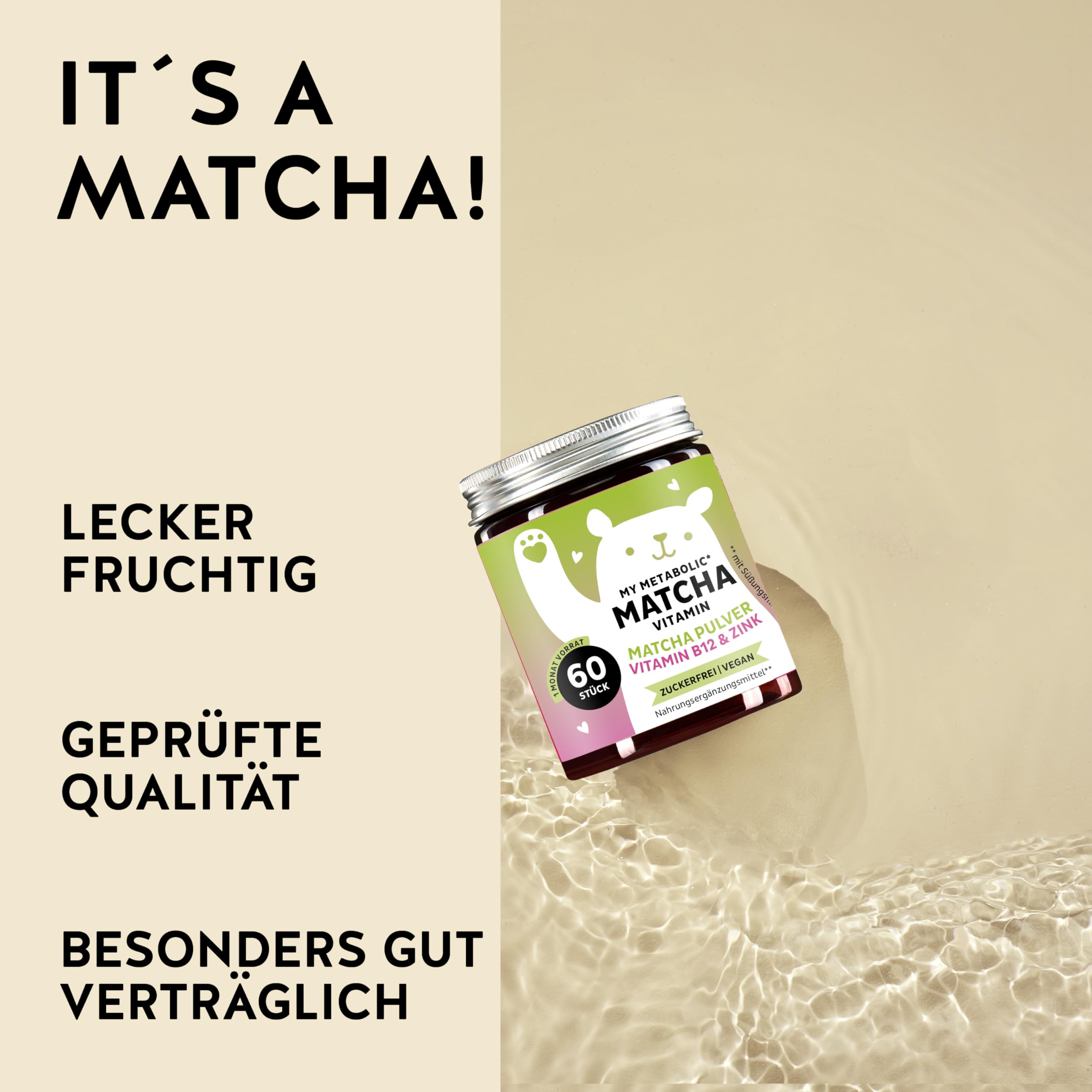 My Metabolic Matcha Vitamin Gummibärchen - Natürliches Energie-Supplement – Antioxidativ – Mit Matcha, CoQ10, Zink, Vitamin B12-60 Stück (1 Monat Vorrat) - Zuckerfrei, Vegan - Bears with Benefits