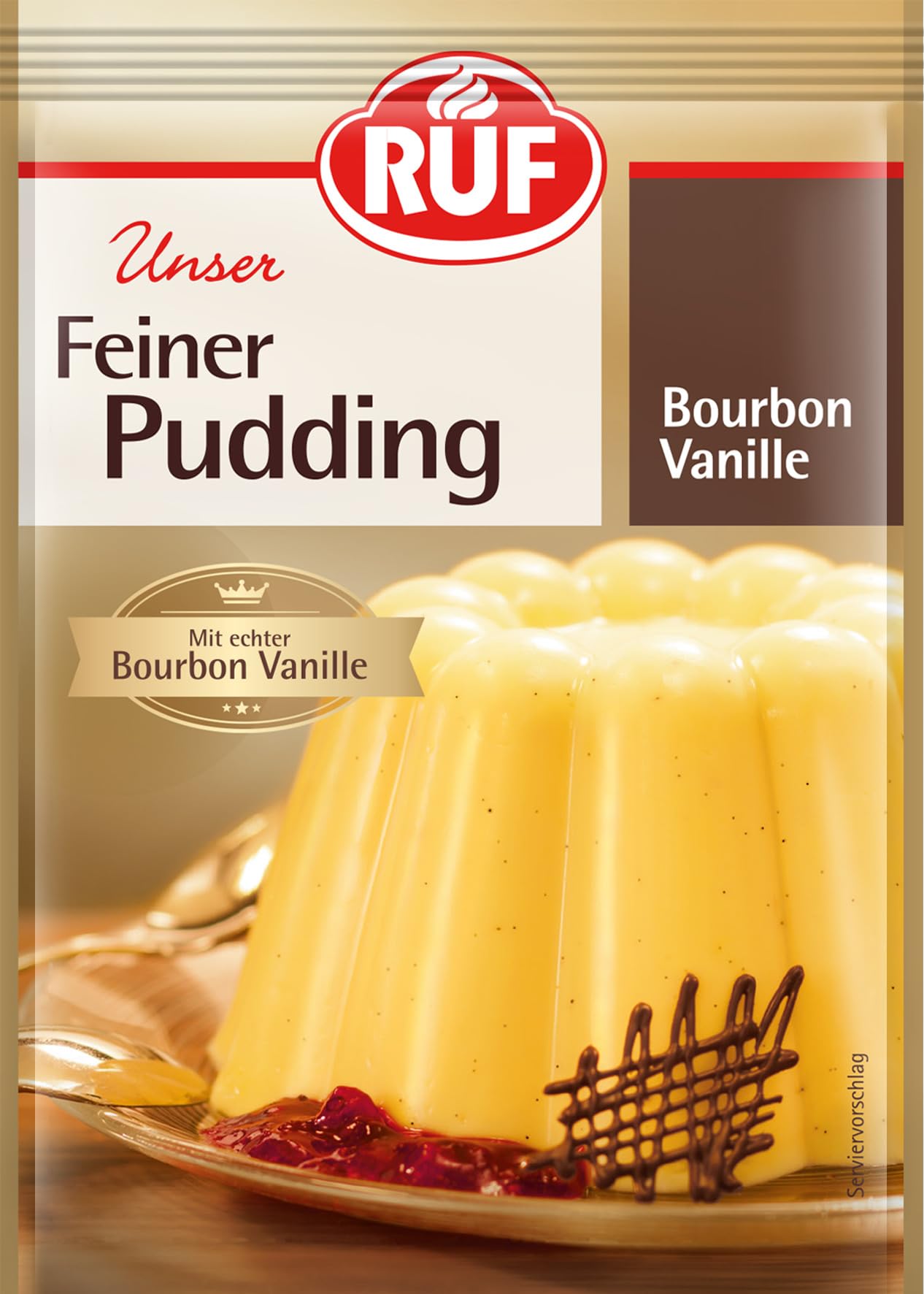 RUF Feiner Pudding Bourbon-Vanille mit edlem Vanille Aroma, echte Bourbon Vanille, glutenfrei, nur mit Milch und Zucker aufkochen, 3x38g