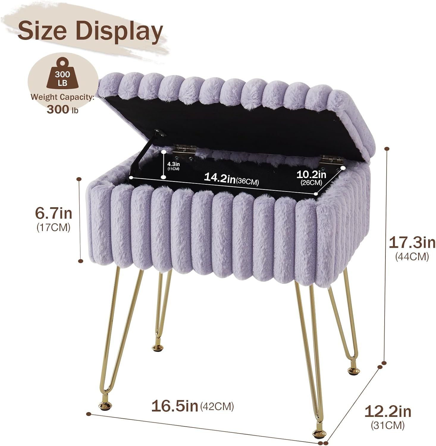 Vanity Stool Chair with Storage, Faux Fur Stools for Vanity Makeup, Foot Stool Ottoman with 4 Metal Legs, Small Vanity Bench Seat Chairs for Living Room Bedroom