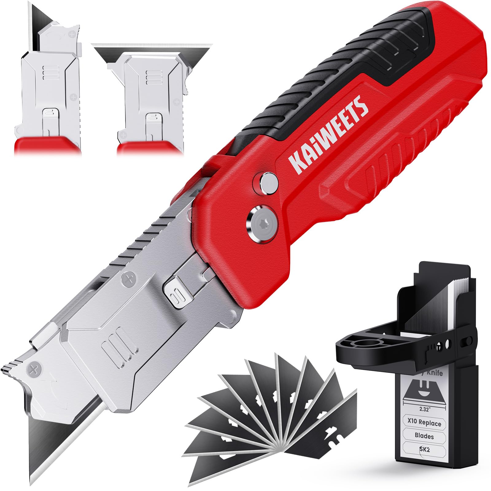 KAIWEETS 2-in-1 Utility Knife & Scraper, Folding Box Cutter with 3-Angle Locking, Zinc Alloy Body, 13 SK2 Blades with Storage, Heavy Duty Cutter for Cardboard, Carpet & DIY