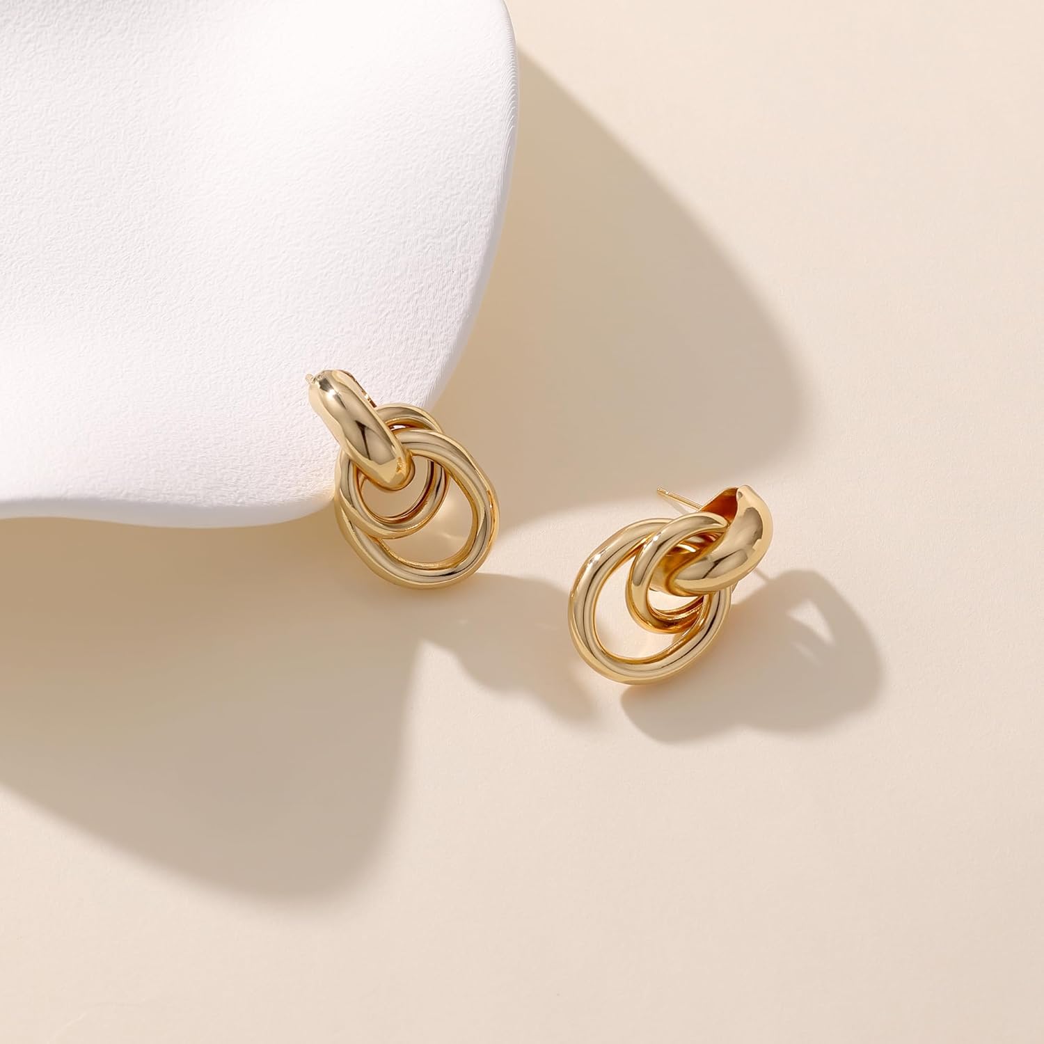 Evabelle Chunky Gold Earrings 14K Gold Plated Gold Knot Earrings for Women Trendy Dainty Paperclip Knot Geometric Drop Dangle Hypoallergenic Huggie Hoop Earrings - Image 4