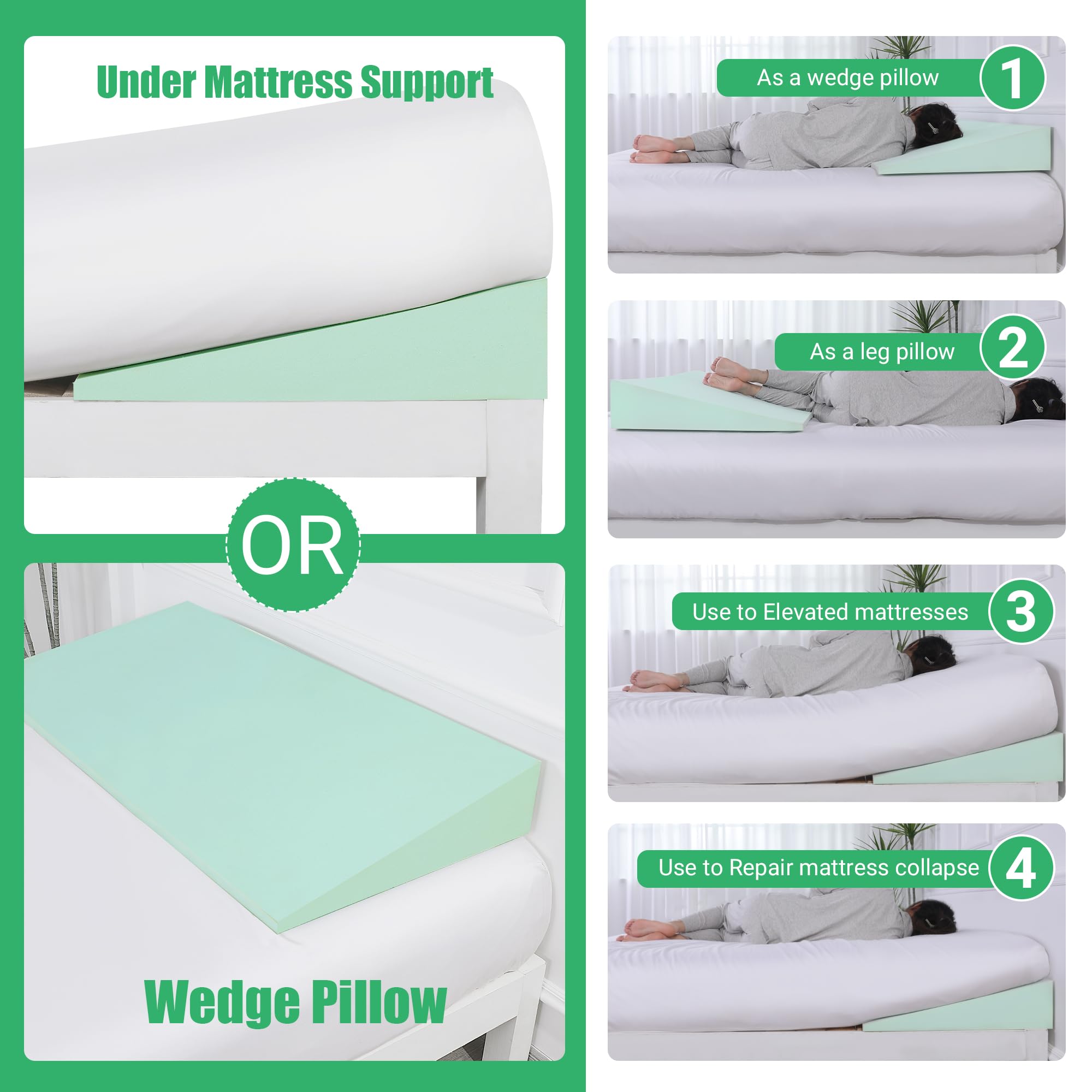 HOMBYS Soporte para debajo del colchón, elevador de colchón de 6 pulgadas, soporte de espuma inclinado para colchón, elevador de colchón, almohada multifuncional de cuña de cama, 60 x 23 x 6 pulgadas