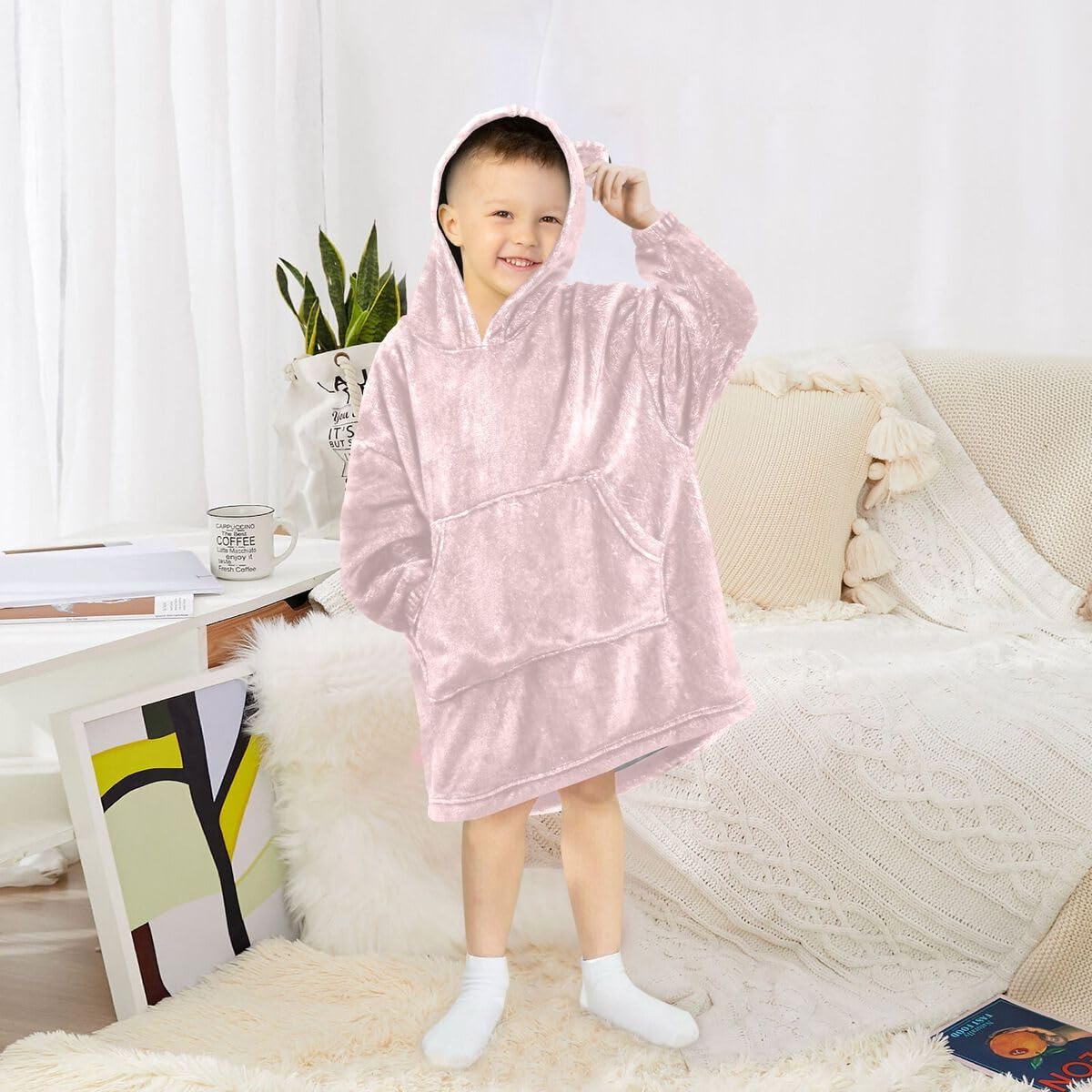 Różowa szachownica dziecięcy koc do noszenia bluza z kapturem oversize bluza koc sweter abstrakcyjny wzór w kratkę dla chłopców i dziewcząt w wieku 3-14 lat
