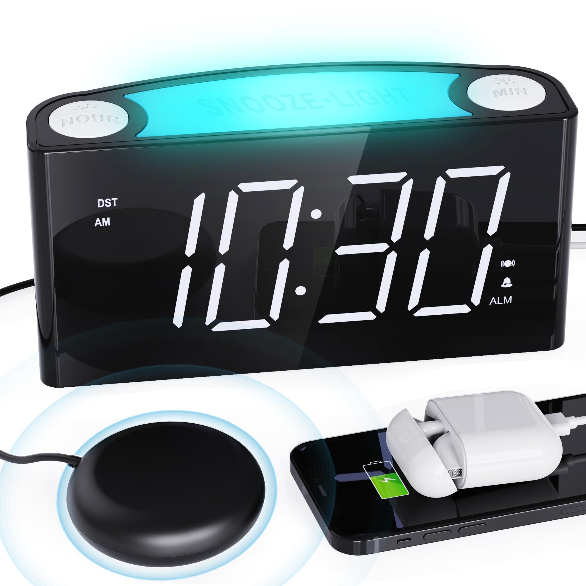 Extra Luide Wekker met Bedschudder, Trilwekker voor Zware Slapers, Slechthorende Dove Jongeren, Dubbele Wekker, Groot Display, USB-oplader, Dimmer, Sluimer